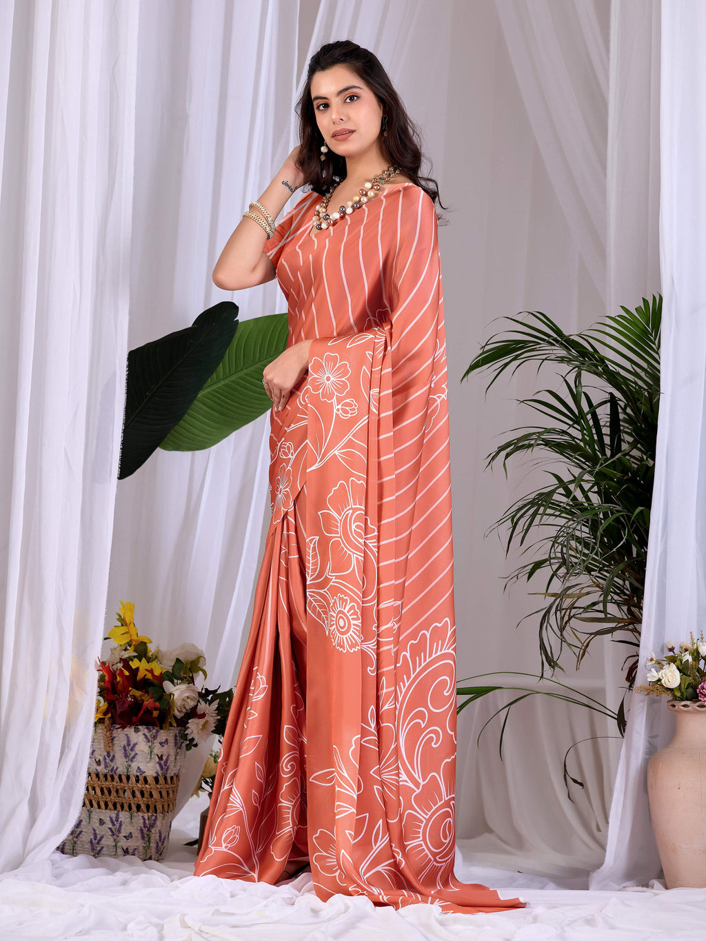 Aastha Fashion Rust Soft Satin Georgette Printed Saree - Distacart