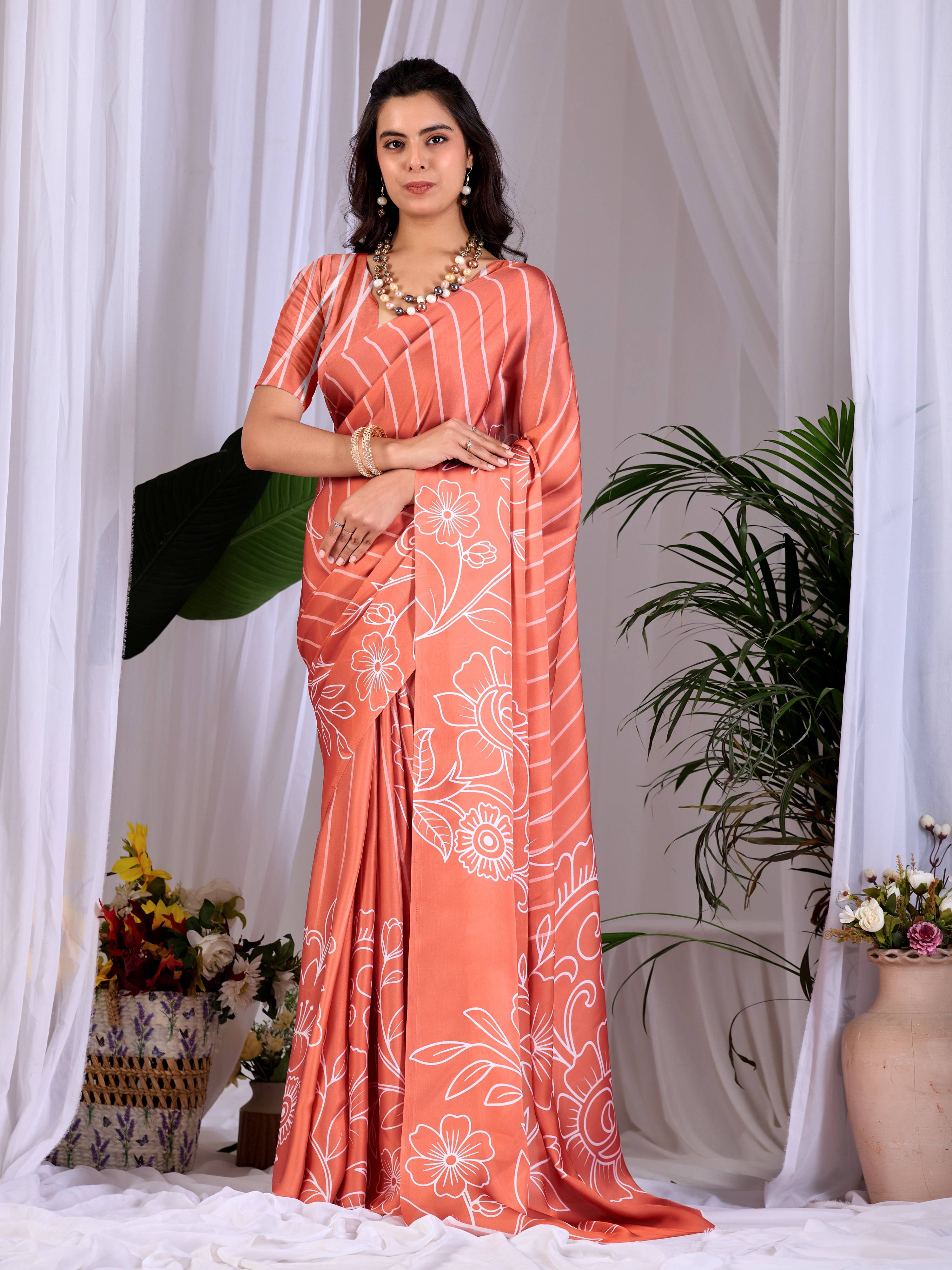 Aastha Fashion Rust Soft Satin Georgette Printed Saree - Distacart