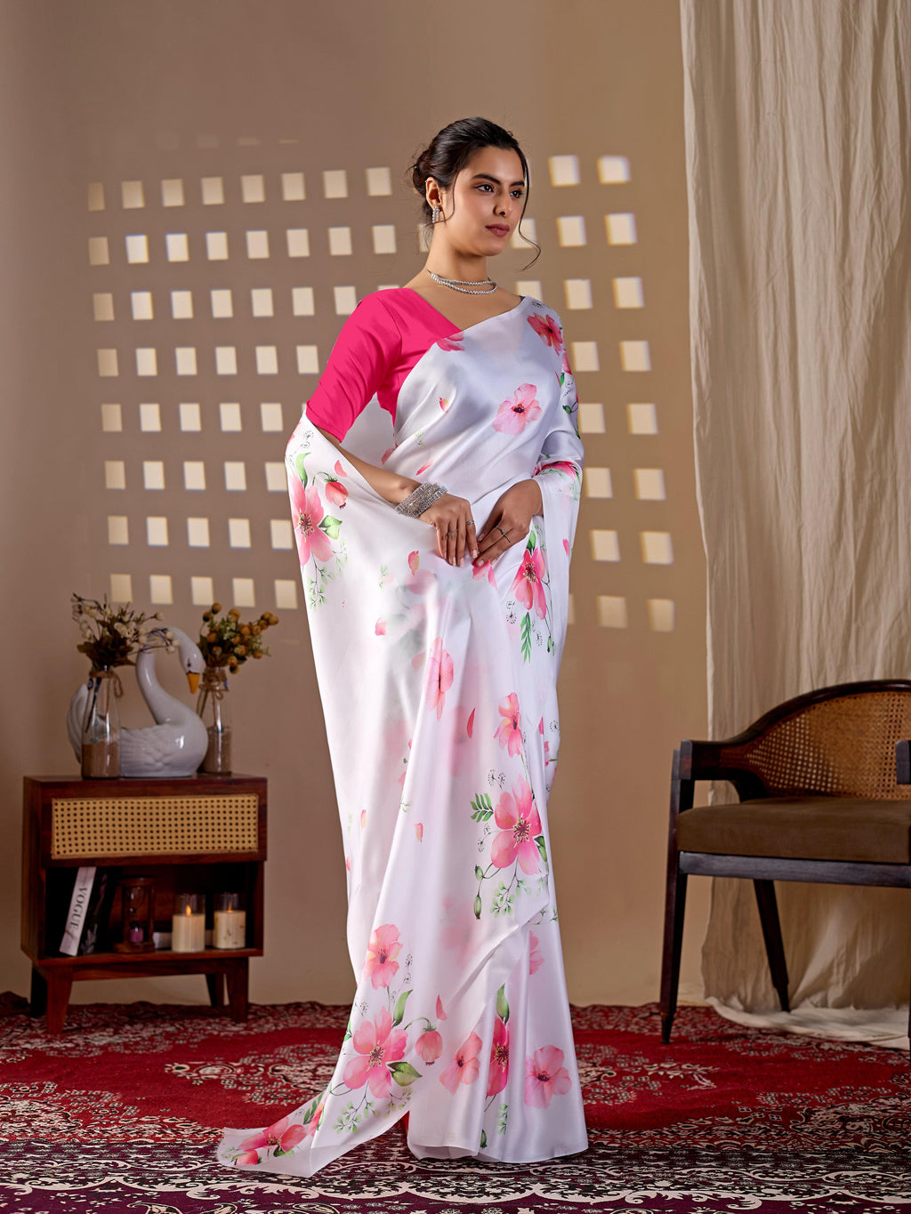 Aastha Fashion White Soft Satin Georgette Printed Saree - Distacart