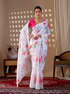 Aastha Fashion White Soft Satin Georgette Printed Saree - Distacart