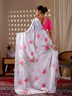 Aastha Fashion White Soft Satin Georgette Printed Saree - Distacart
