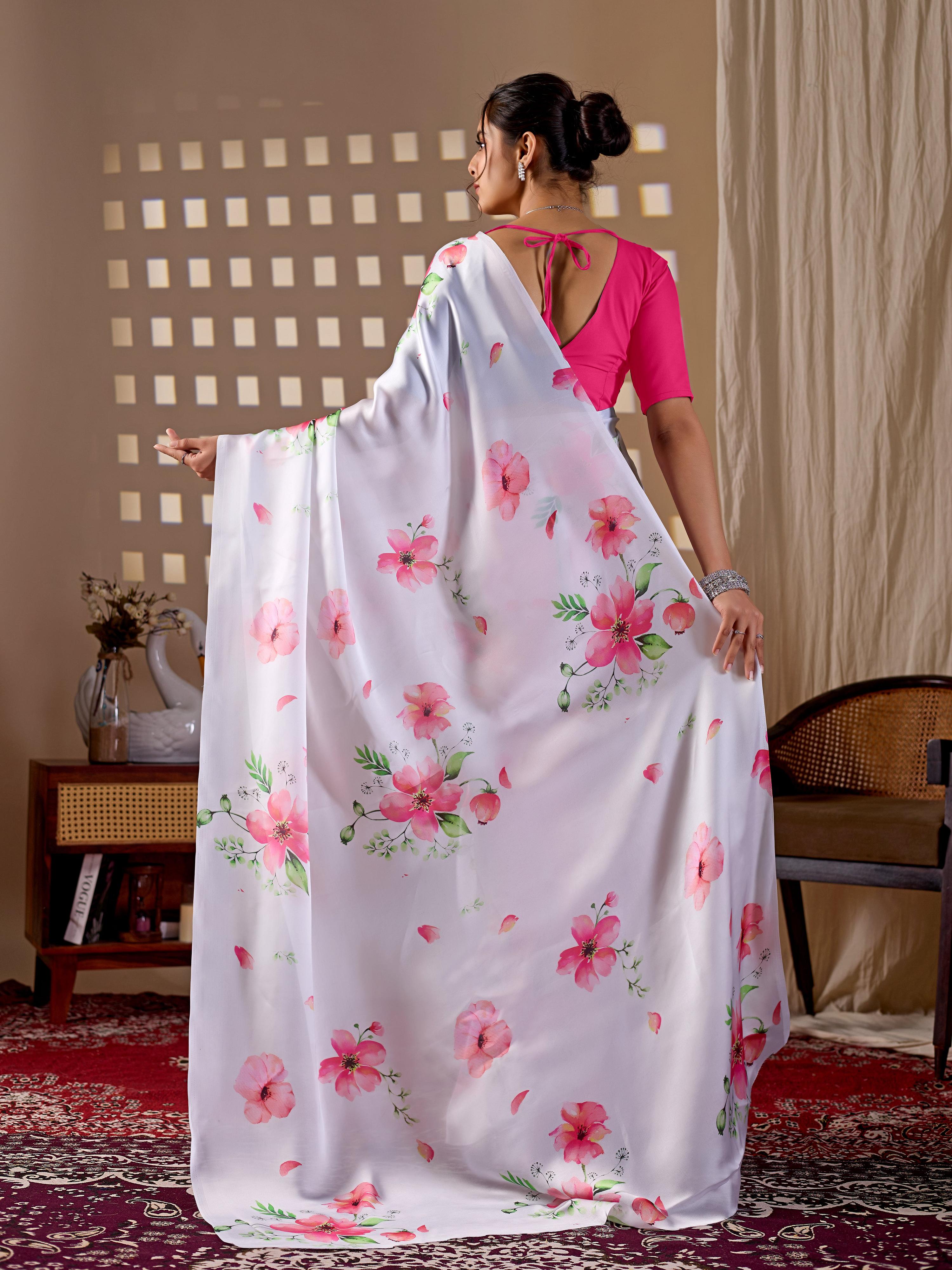 Aastha Fashion White Soft Satin Georgette Printed Saree - Distacart