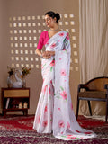 Aastha Fashion White Soft Satin Georgette Printed Saree - Distacart