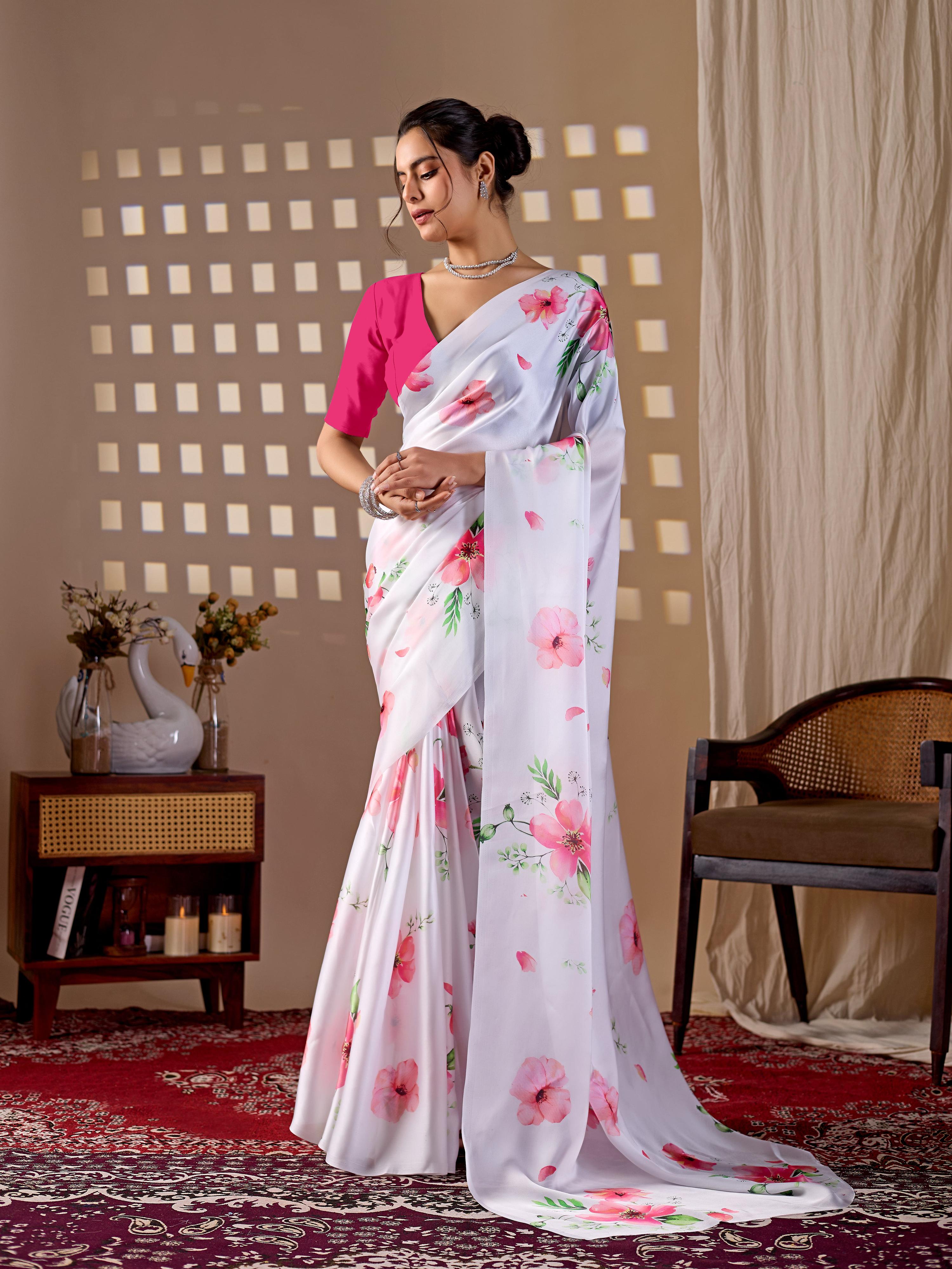 Aastha Fashion White Soft Satin Georgette Printed Saree - Distacart