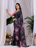 Aastha Fashion Black Soft Satin Georgette Printed Saree - Distacart