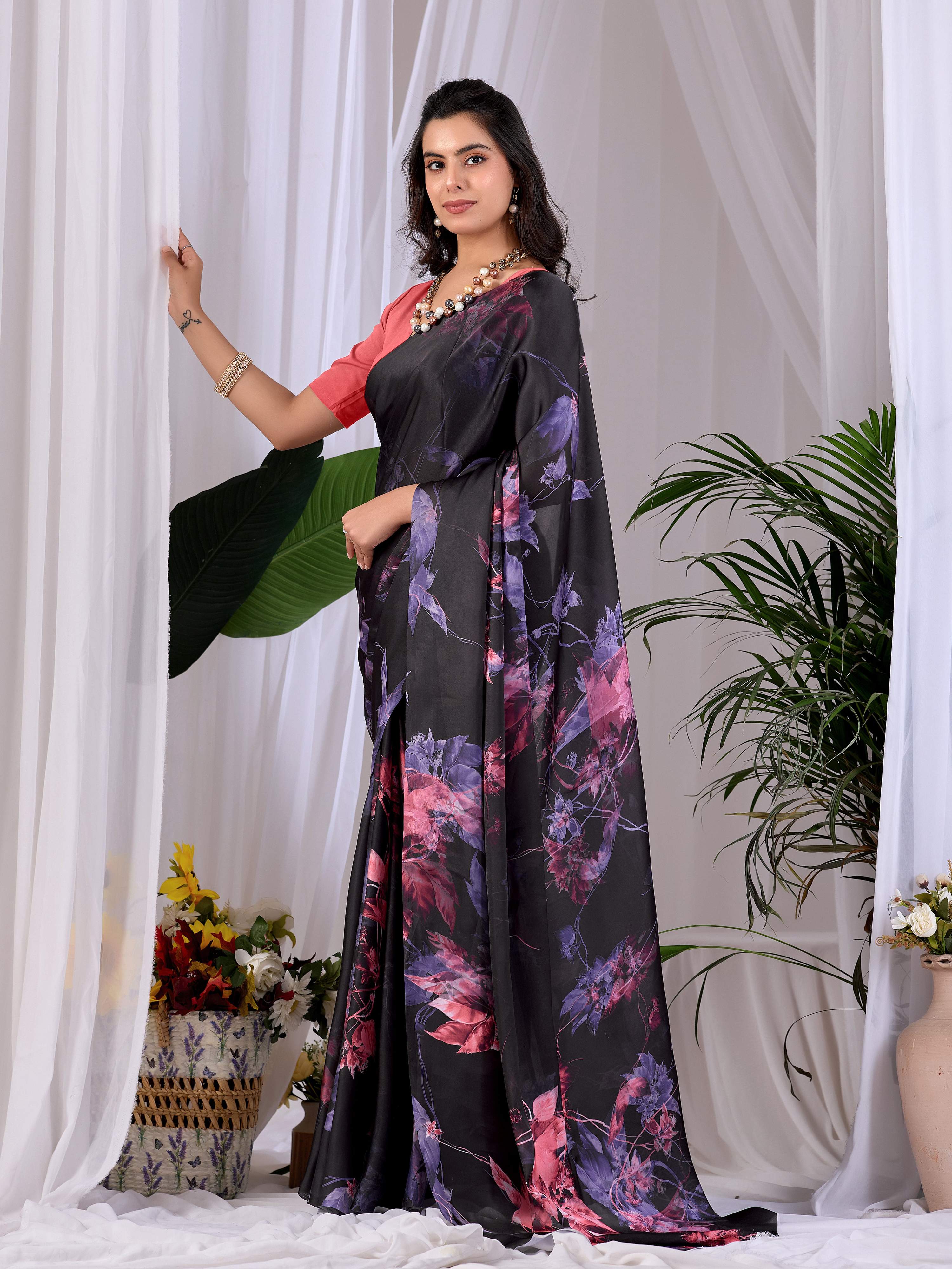 Aastha Fashion Black Soft Satin Georgette Printed Saree - Distacart