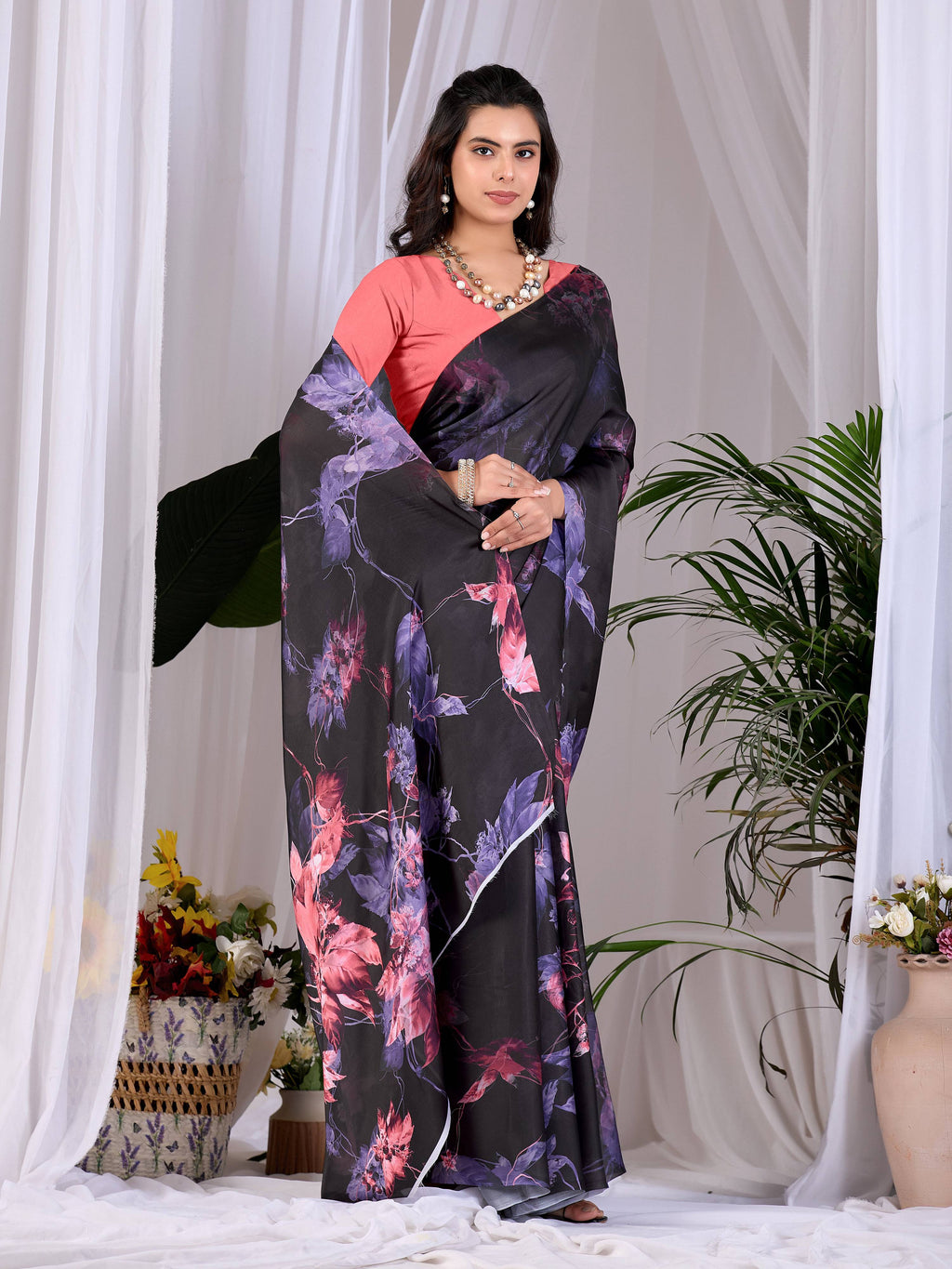 Aastha Fashion Black Soft Satin Georgette Printed Saree - Distacart