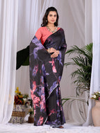 Aastha Fashion Black Soft Satin Georgette Printed Saree - Distacart