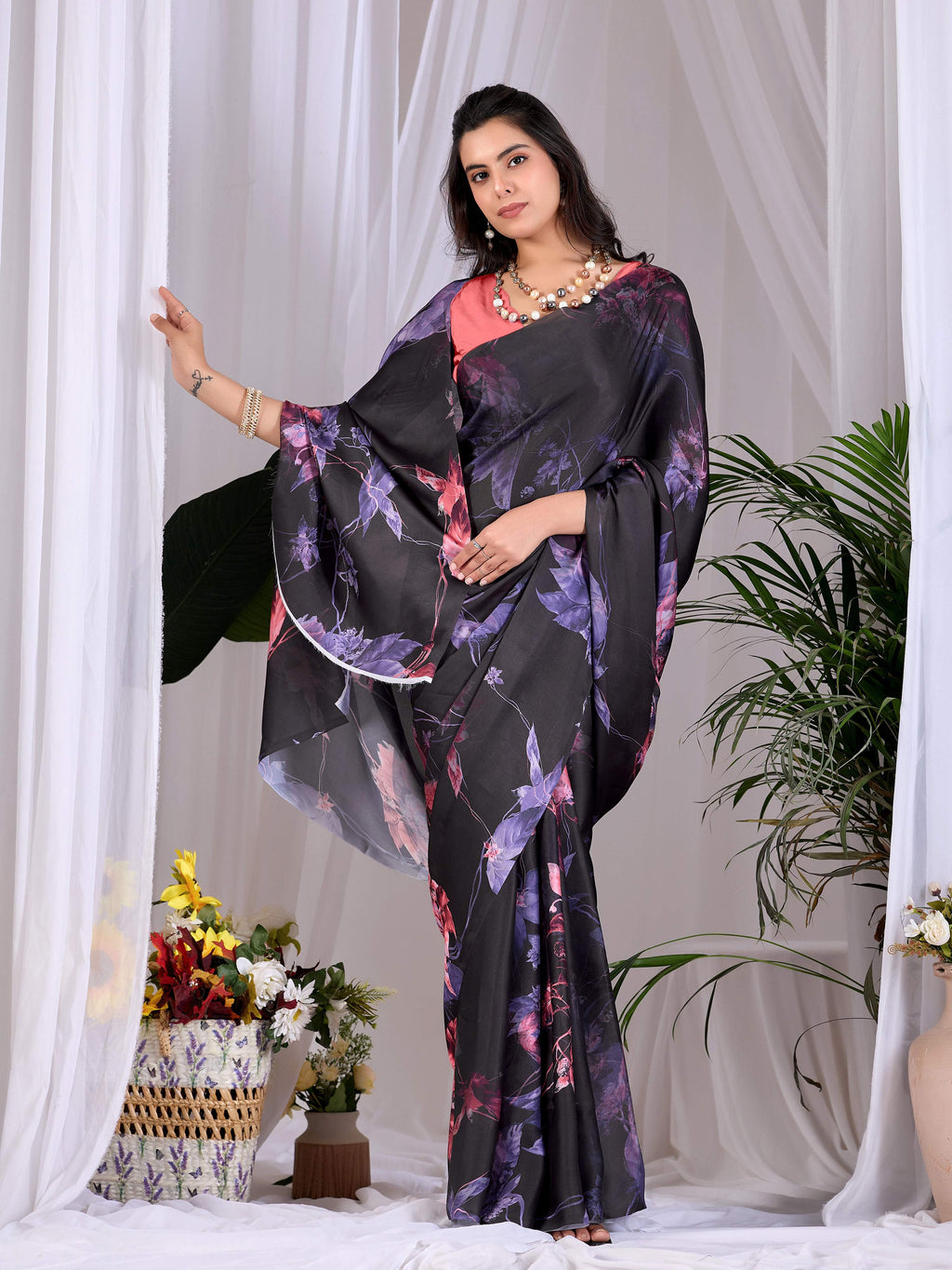 Aastha Fashion Black Soft Satin Georgette Printed Saree - Distacart