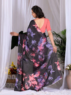 Aastha Fashion Black Soft Satin Georgette Printed Saree - Distacart