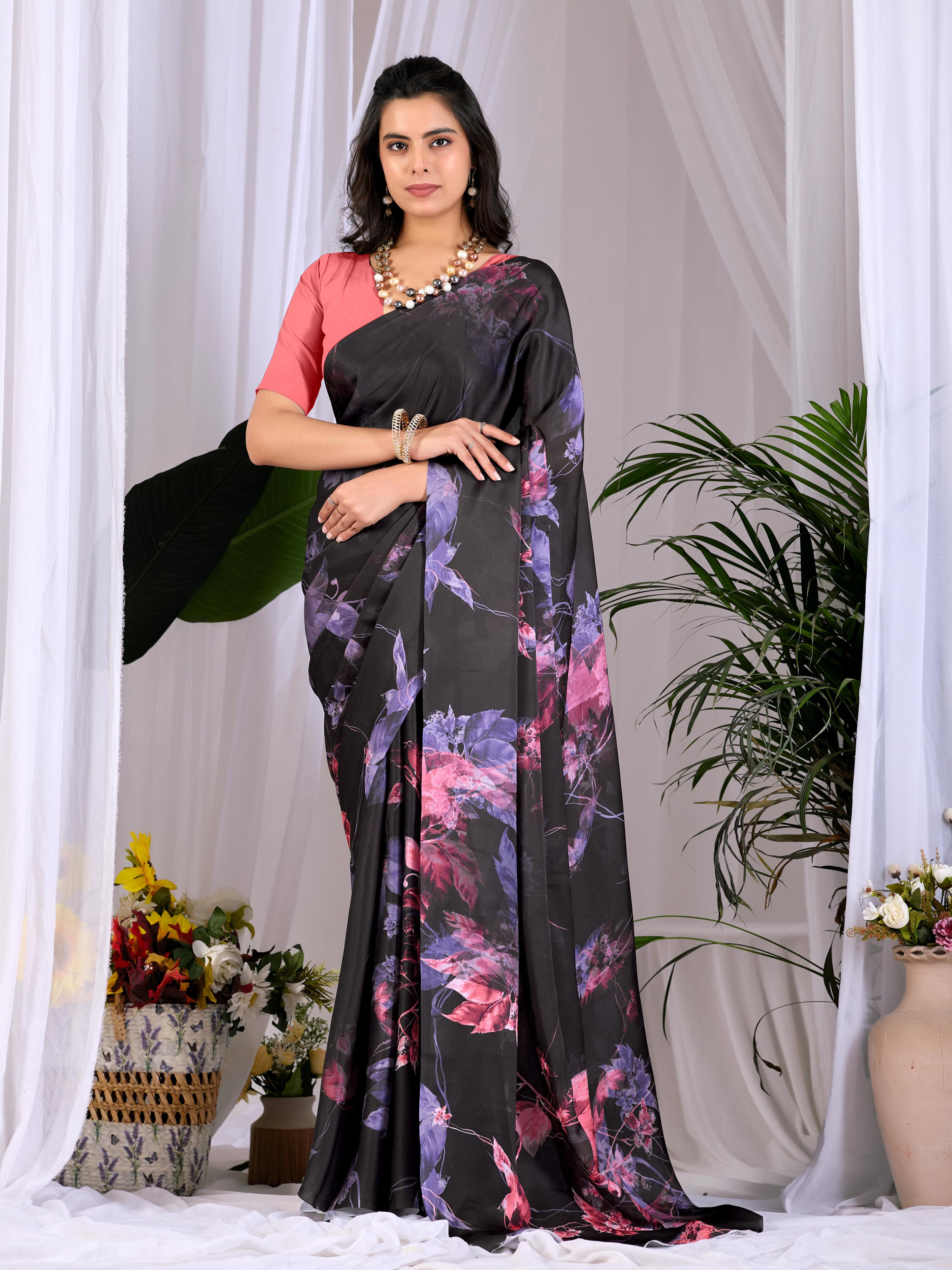 Aastha Fashion Black Soft Satin Georgette Printed Saree - Distacart