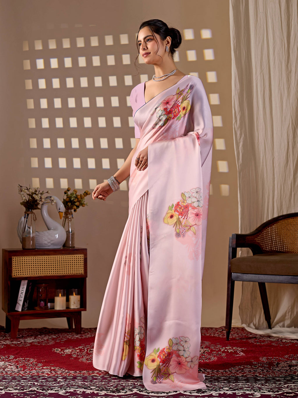 Aastha Fashion Light Pink Soft Satin Georgette Printed Saree - Distacart