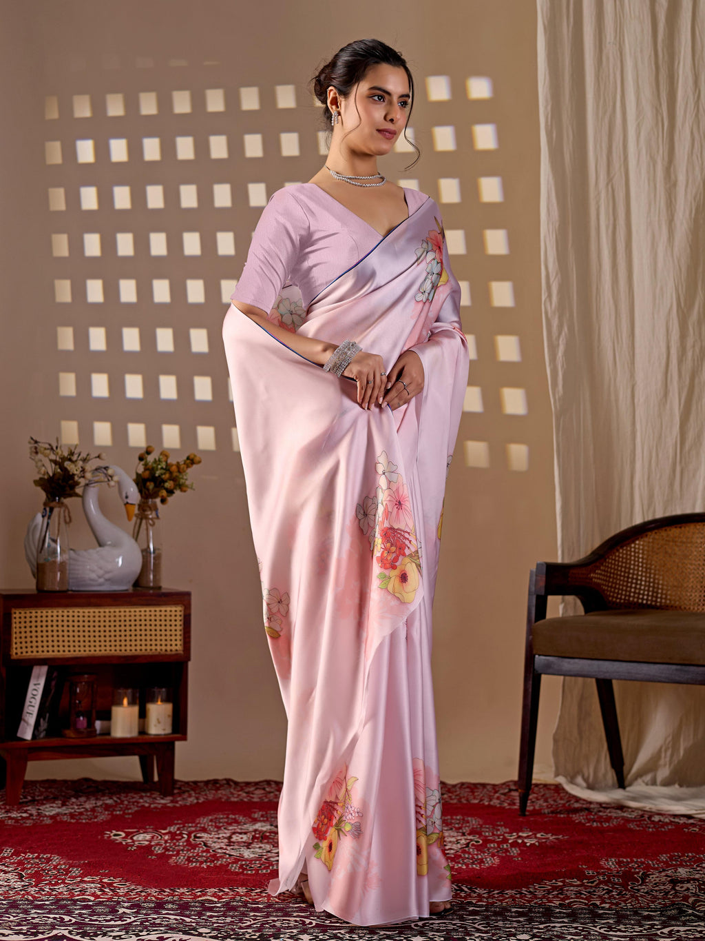 Aastha Fashion Light Pink Soft Satin Georgette Printed Saree - Distacart