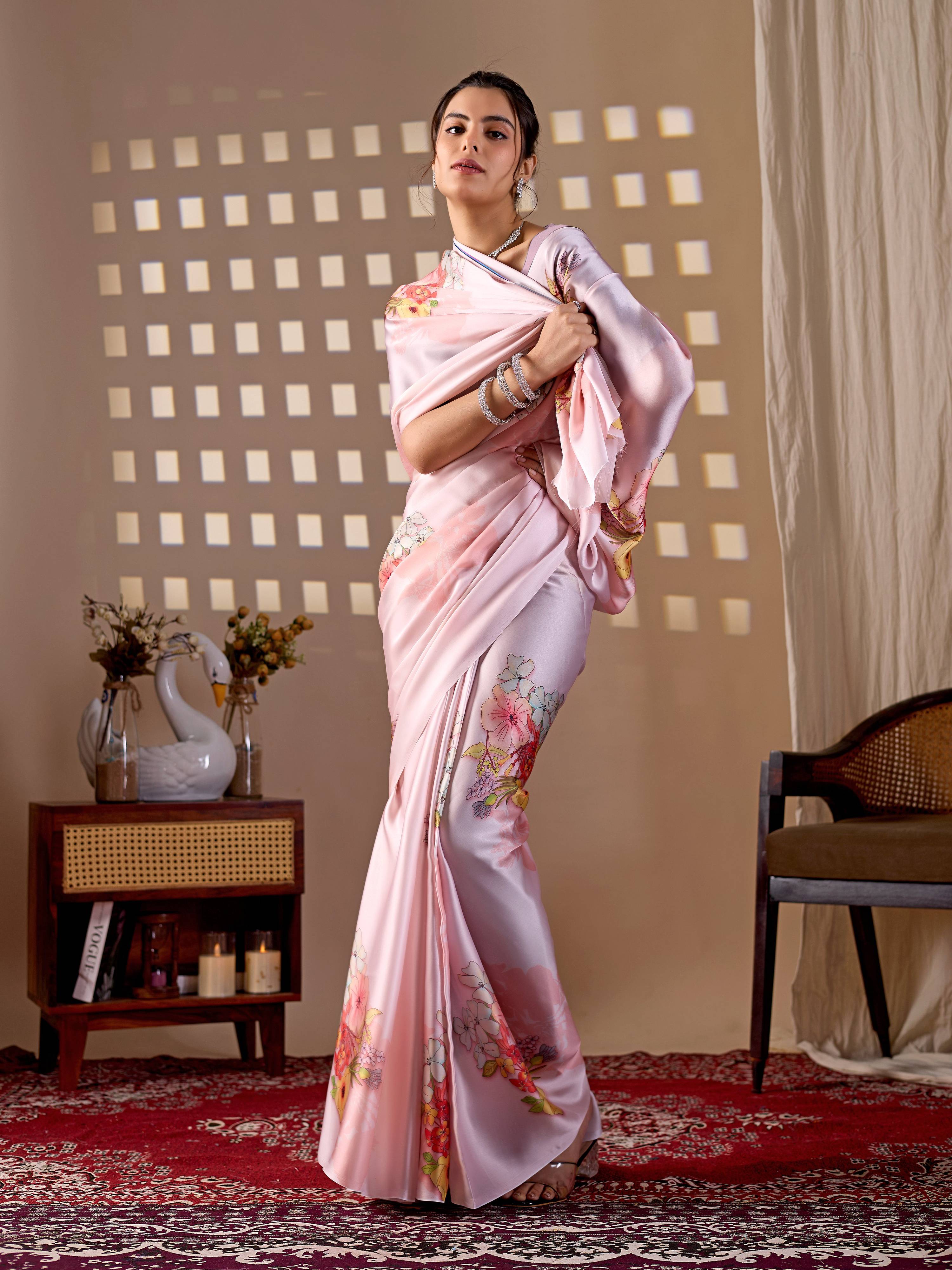 Aastha Fashion Light Pink Soft Satin Georgette Printed Saree - Distacart