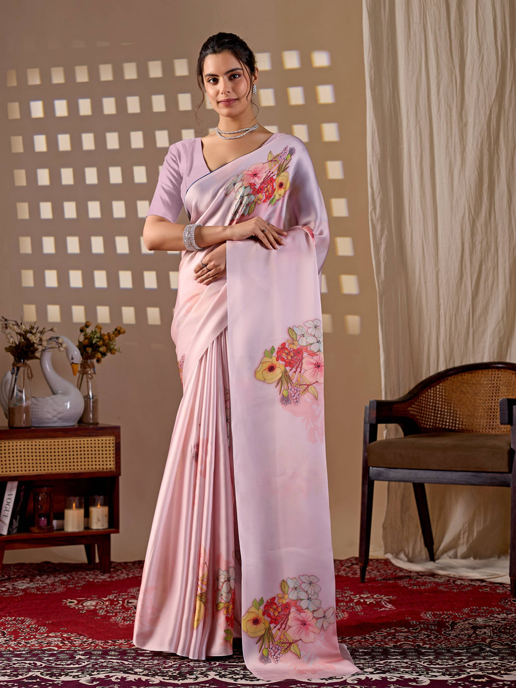 Aastha Fashion Light Pink Soft Satin Georgette Printed Saree - Distacart