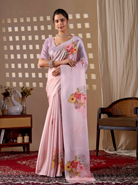 Aastha Fashion Light Pink Soft Satin Georgette Printed Saree