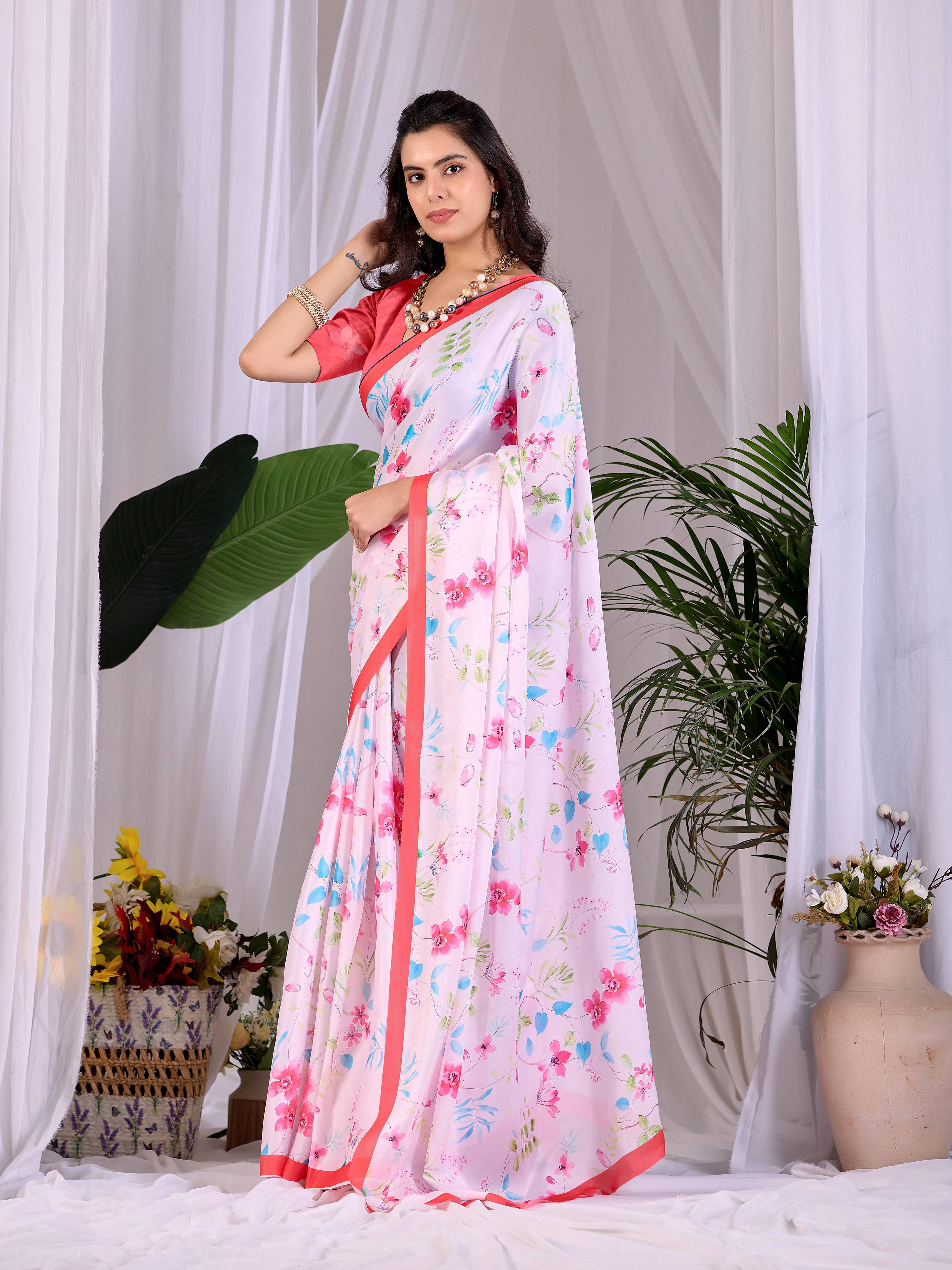 Aastha Fashion Pink Soft Satin Georgette Printed Saree - Distacart