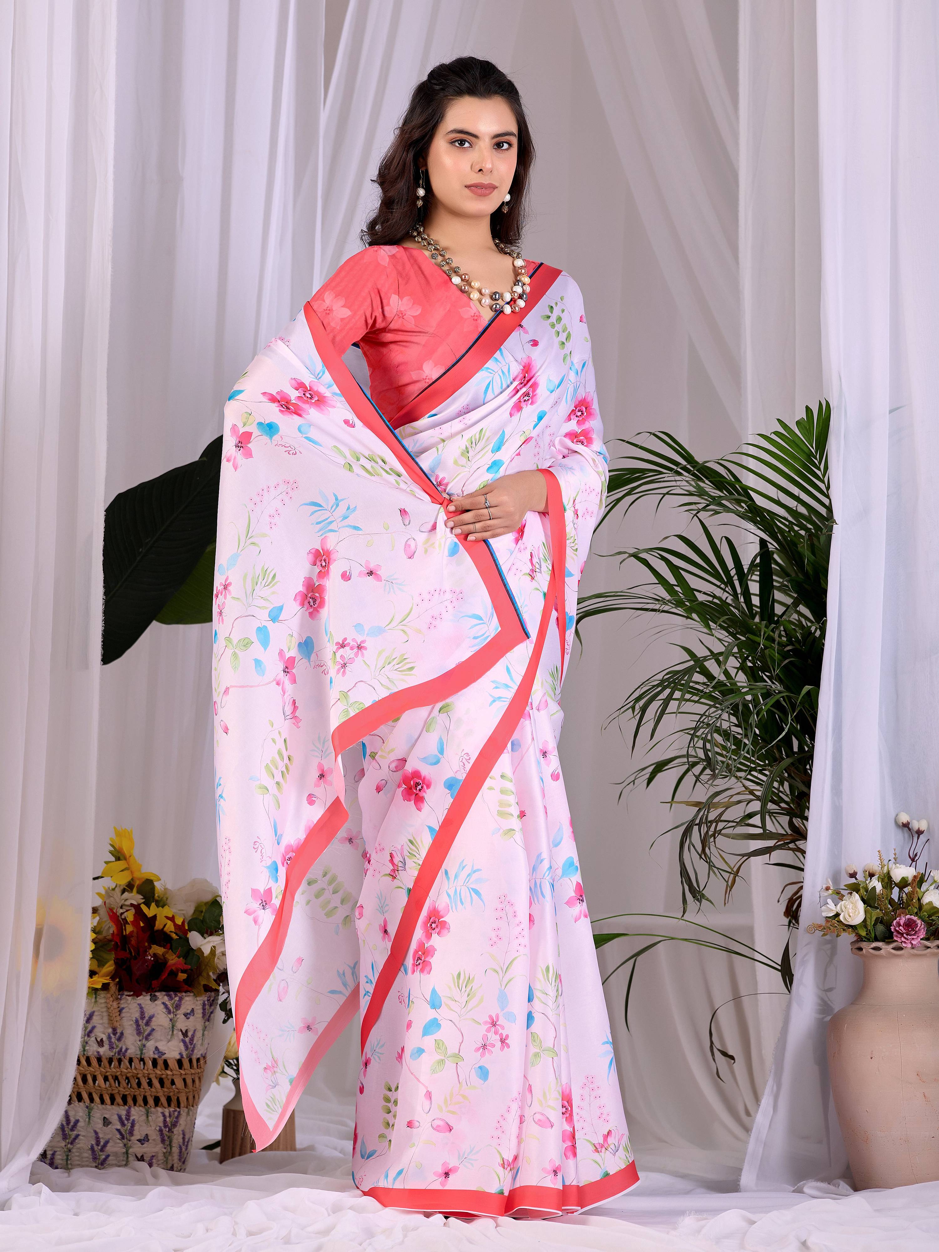 Aastha Fashion Pink Soft Satin Georgette Printed Saree - Distacart
