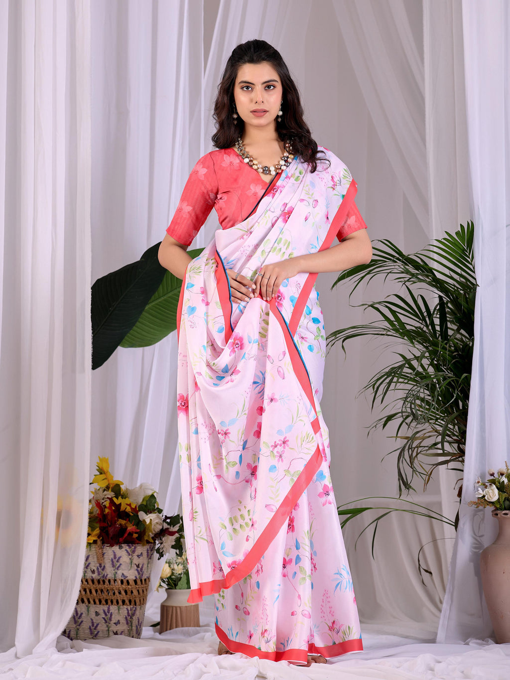 Aastha Fashion Pink Soft Satin Georgette Printed Saree - Distacart
