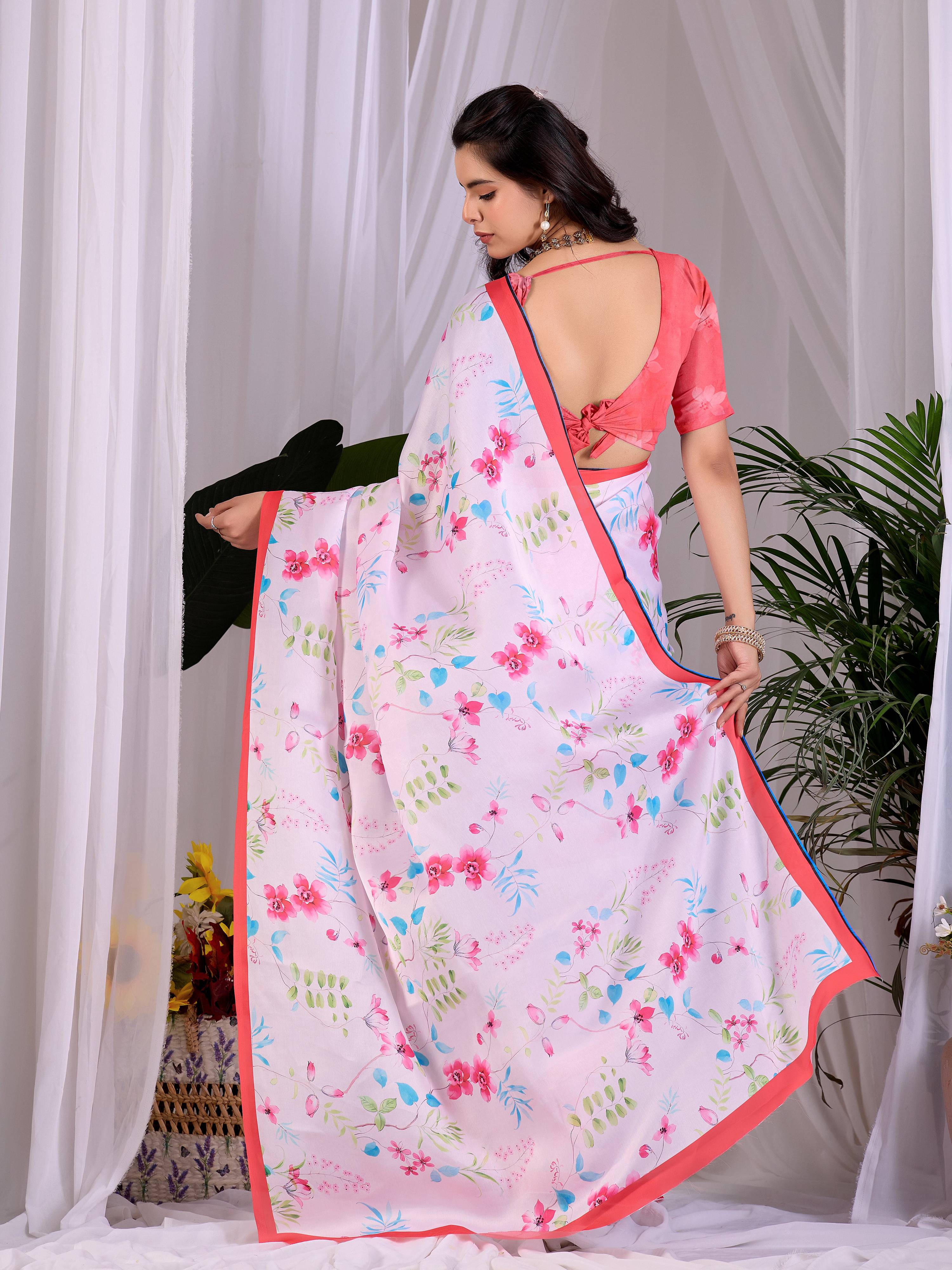 Aastha Fashion Pink Soft Satin Georgette Printed Saree - Distacart