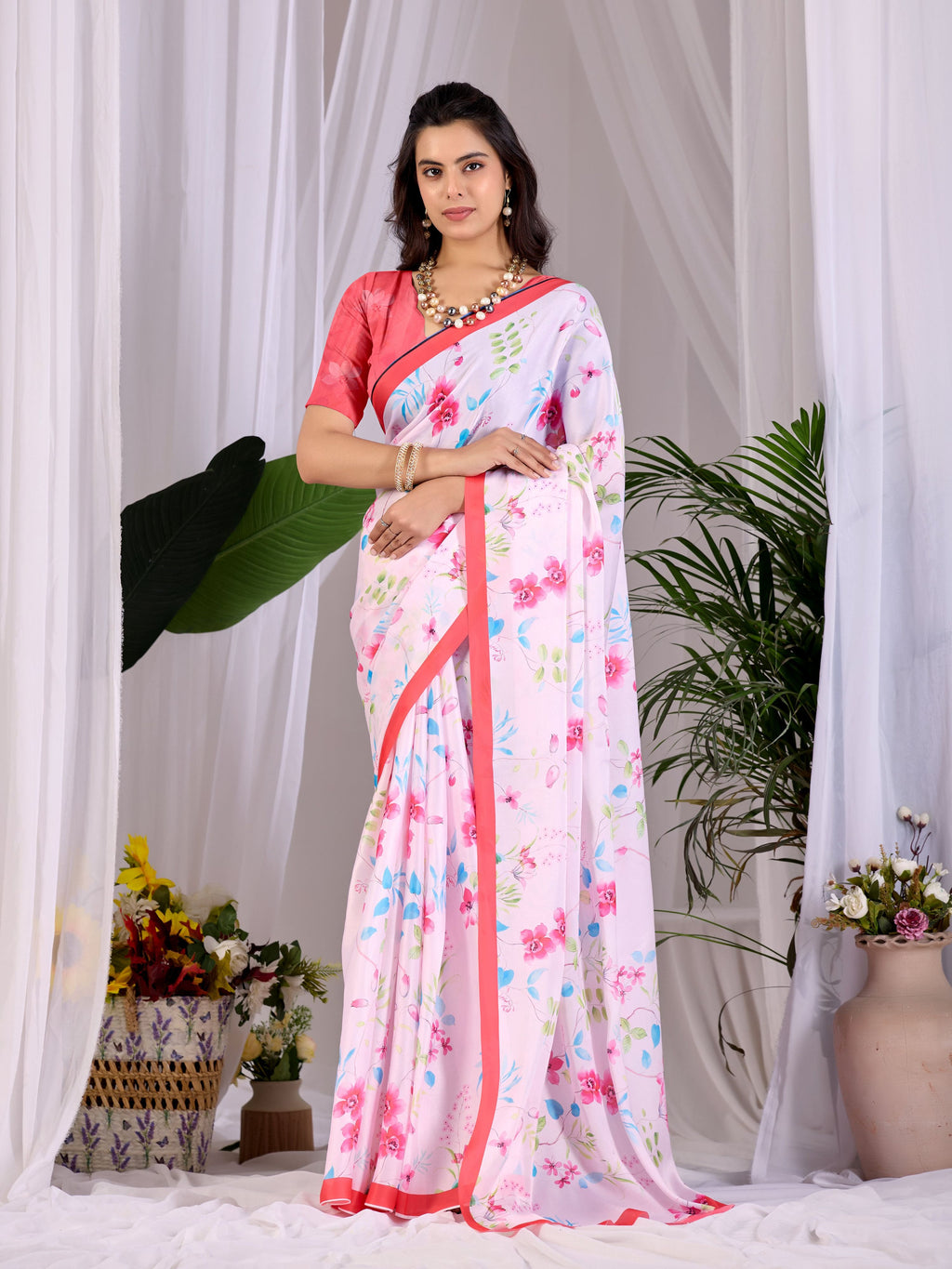 Aastha Fashion Pink Soft Satin Georgette Printed Saree - Distacart