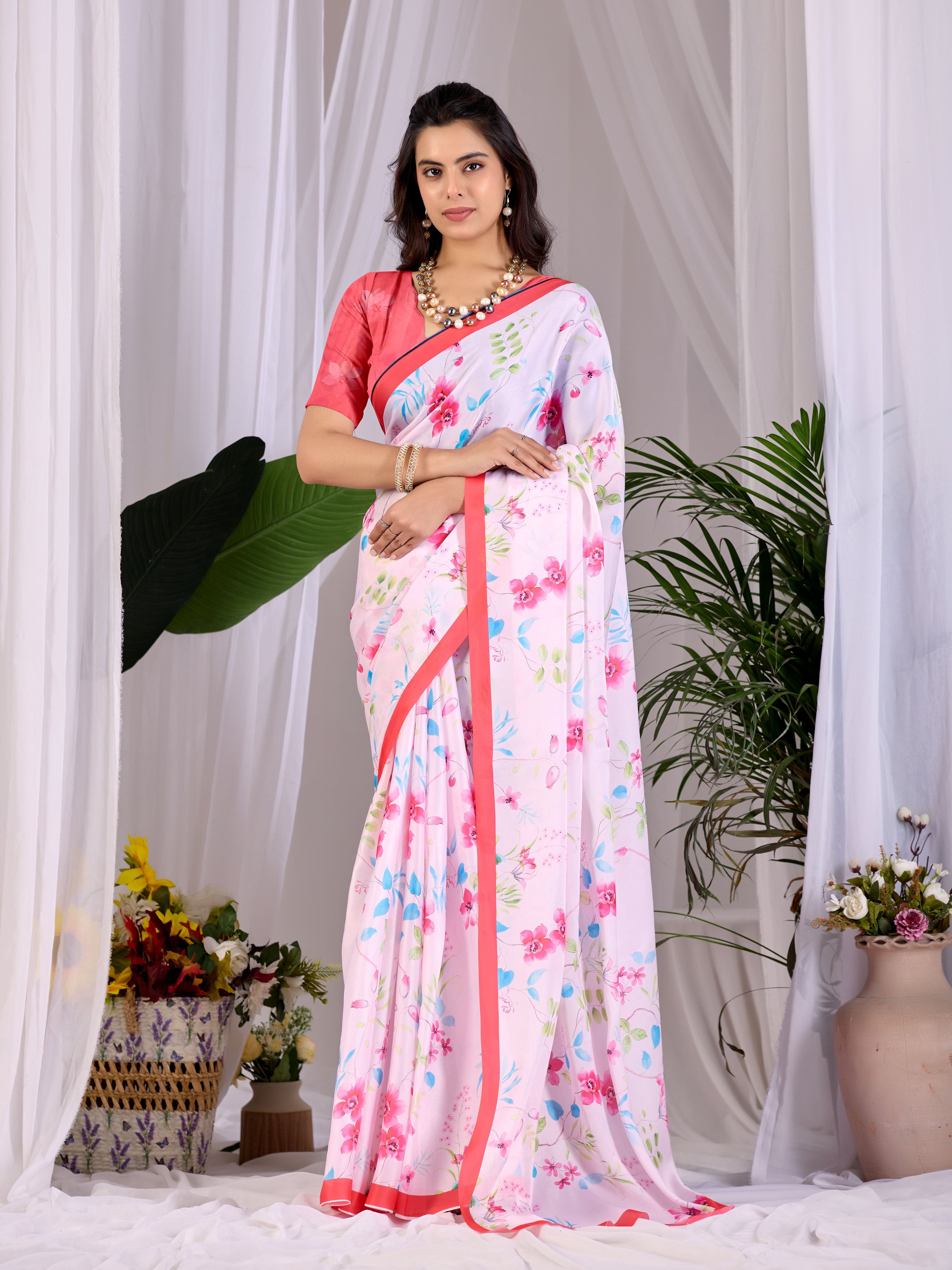 Aastha Fashion Pink Soft Satin Georgette Printed Saree - Distacart