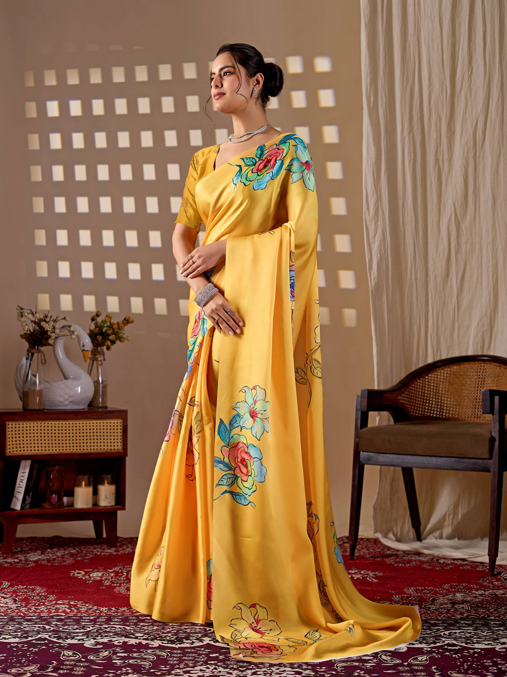 Aastha Fashion Yellow Soft Satin Georgette Printed Saree - Distacart
