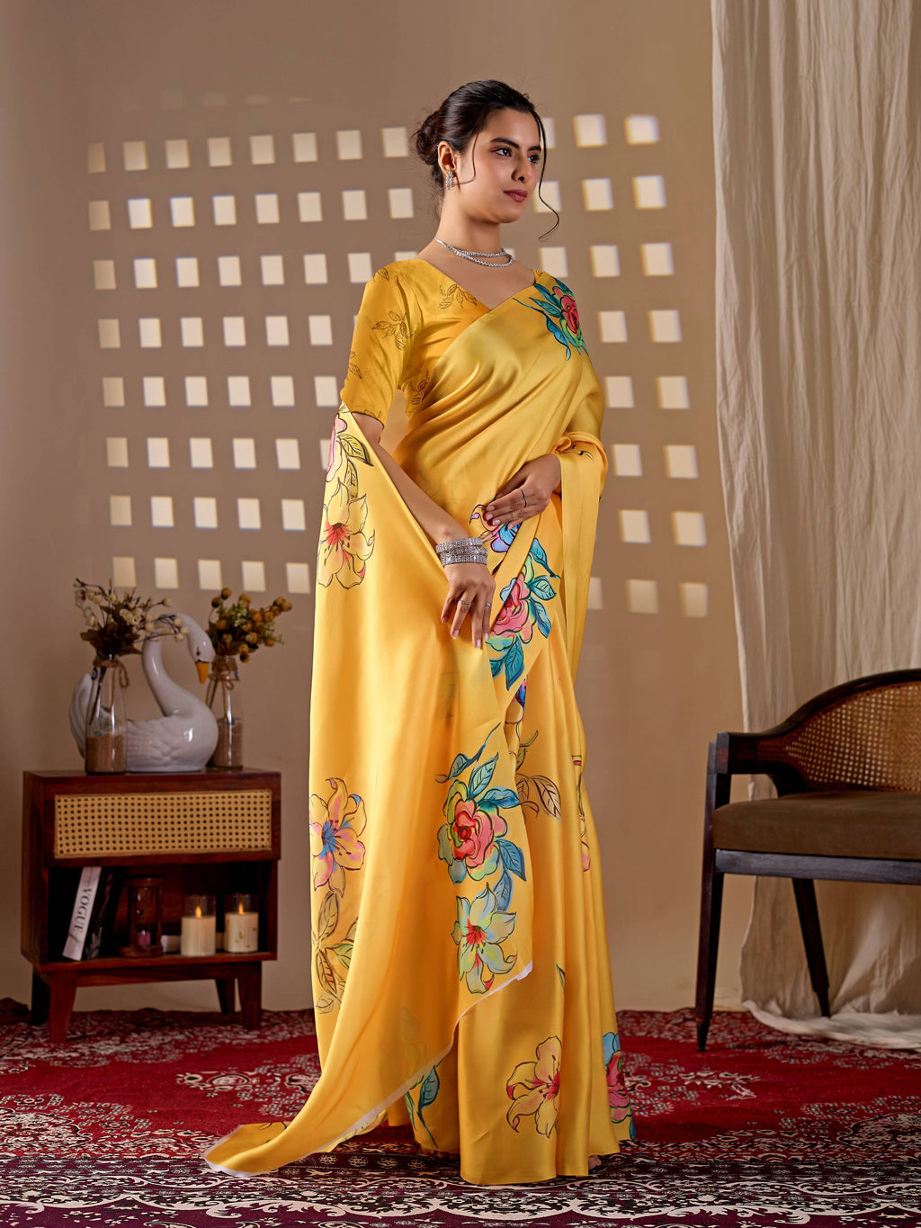 Aastha Fashion Yellow Soft Satin Georgette Printed Saree - Distacart