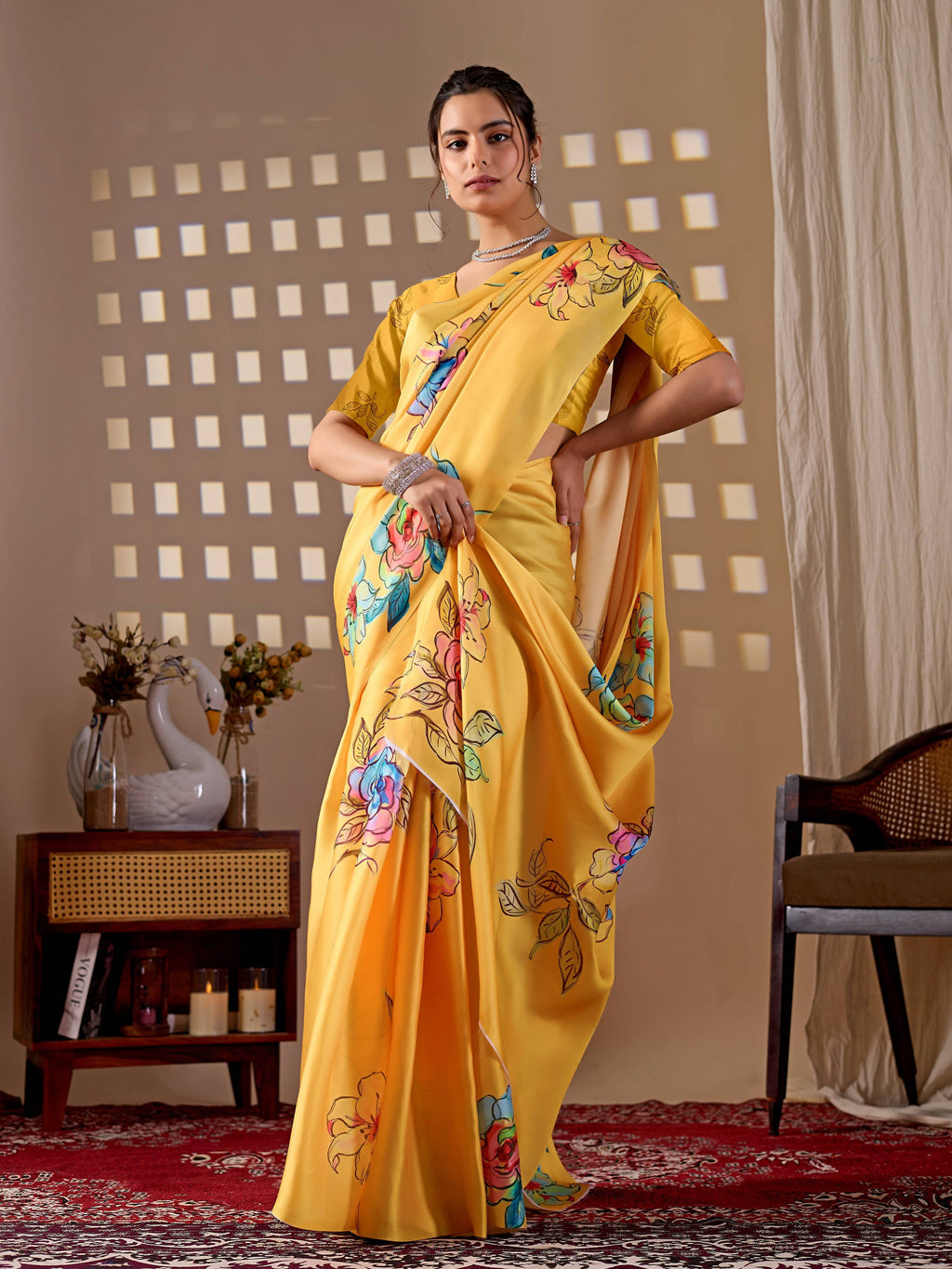 Aastha Fashion Yellow Soft Satin Georgette Printed Saree - Distacart