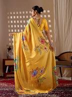 Aastha Fashion Yellow Soft Satin Georgette Printed Saree - Distacart