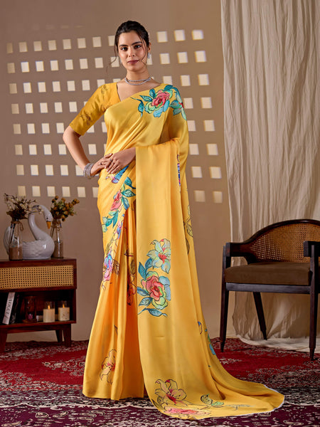 Aastha Fashion Yellow Soft Satin Georgette Printed Saree