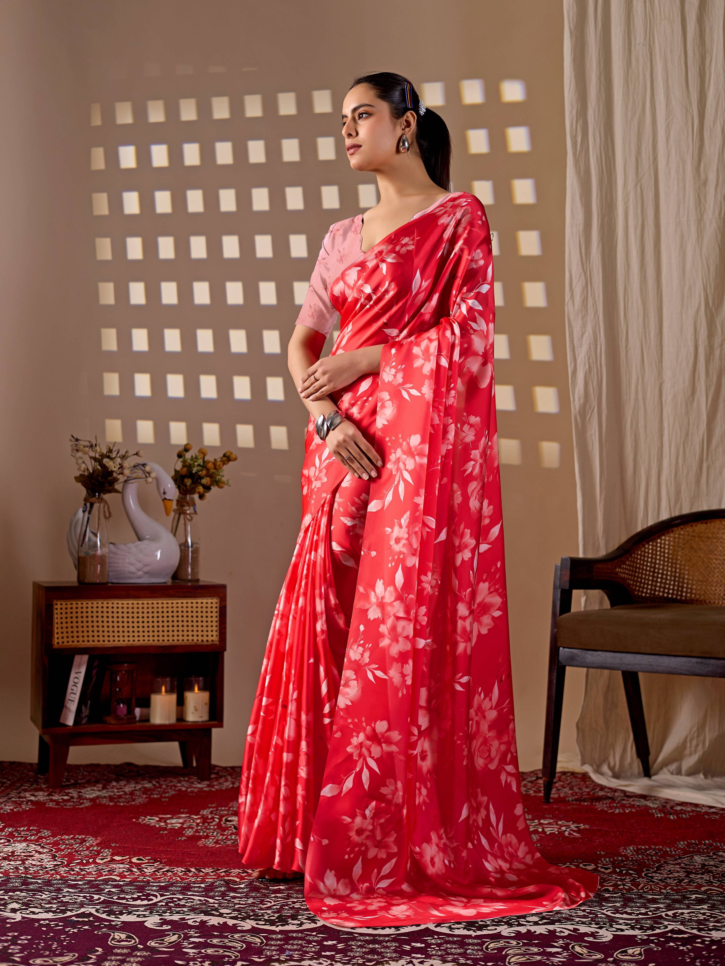 Aastha Fashion Red Soft Satin Georgette Printed Saree - Distacart
