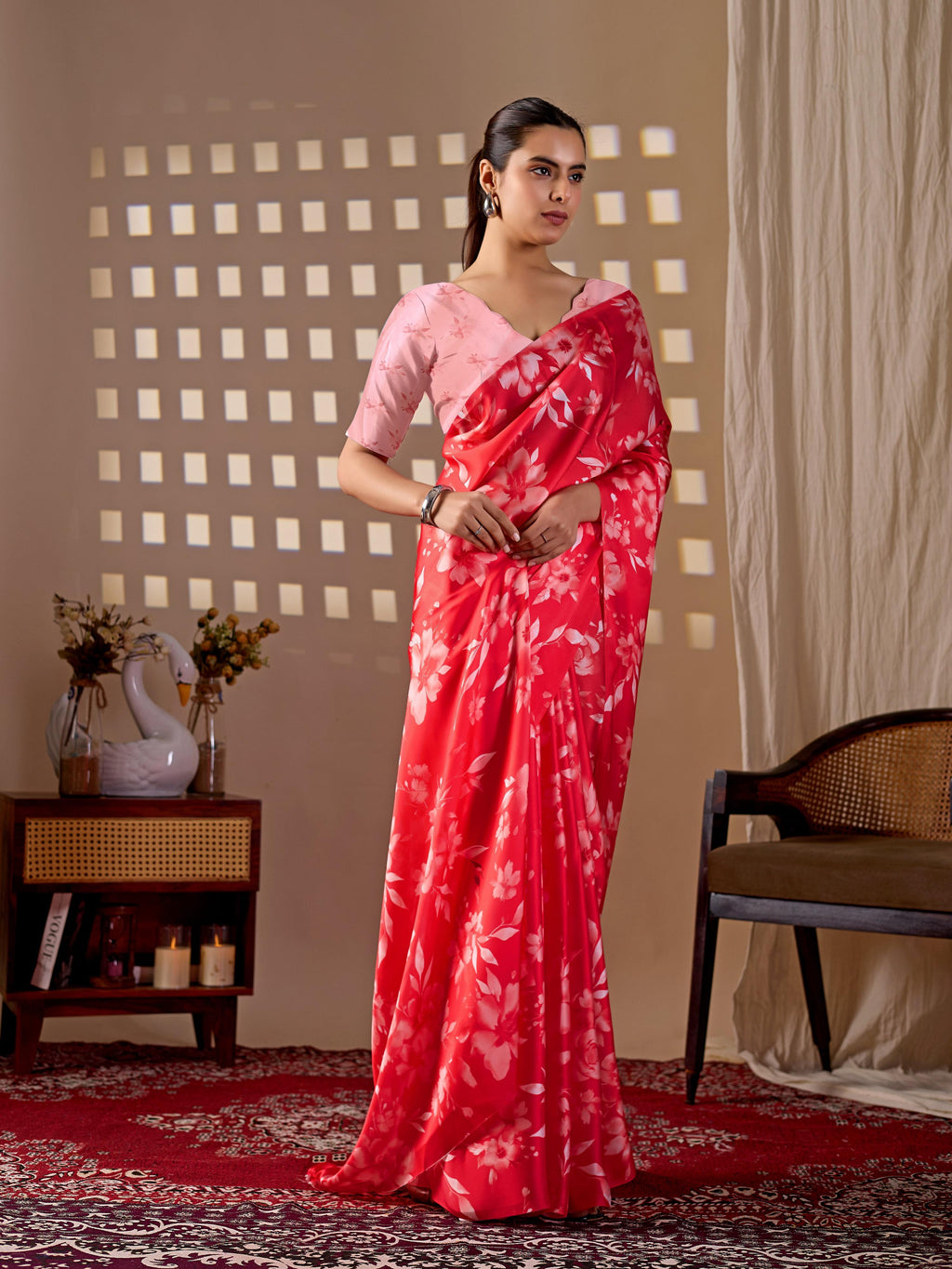 Aastha Fashion Red Soft Satin Georgette Printed Saree - Distacart