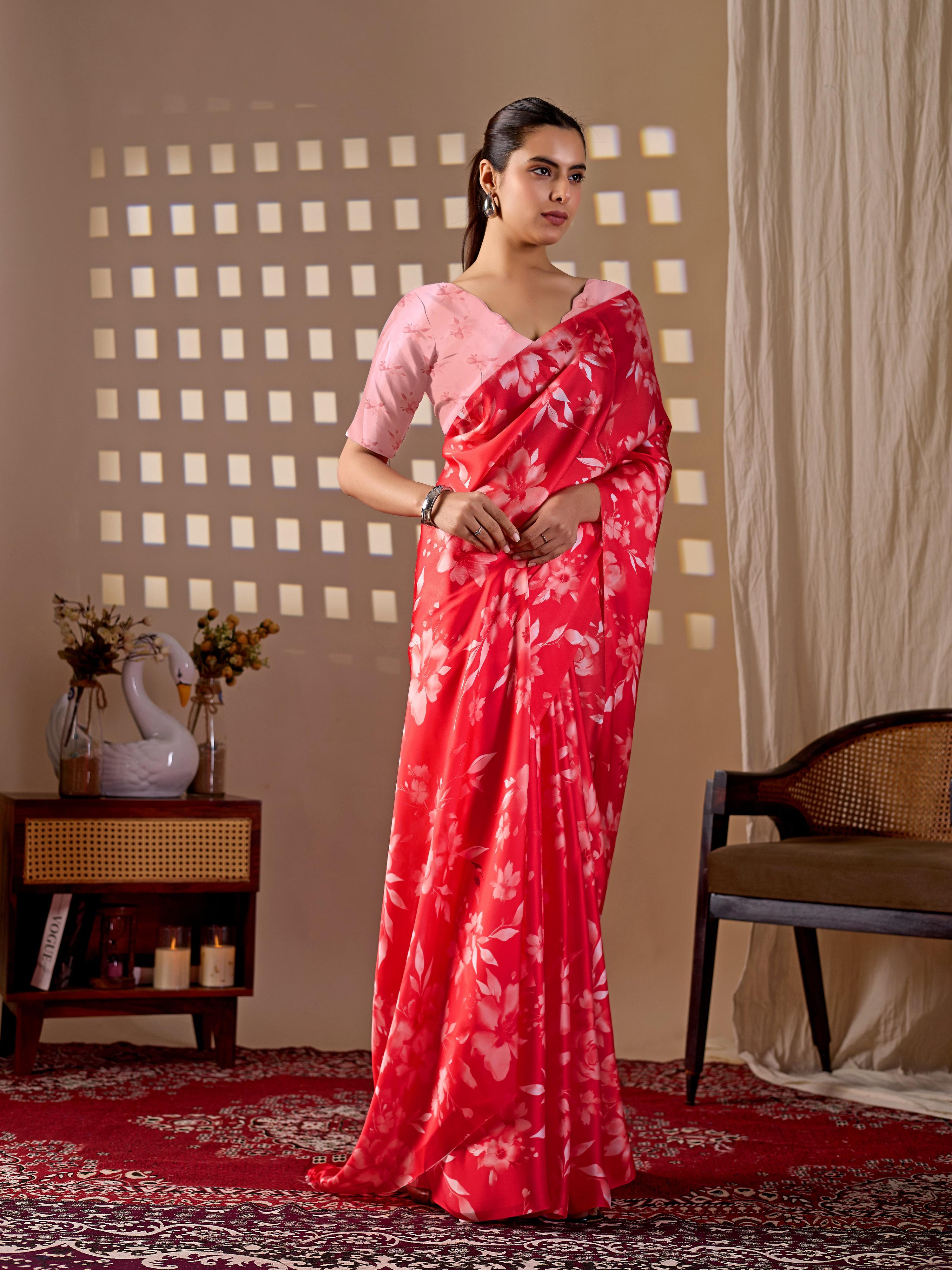 Aastha Fashion Red Soft Satin Georgette Printed Saree - Distacart