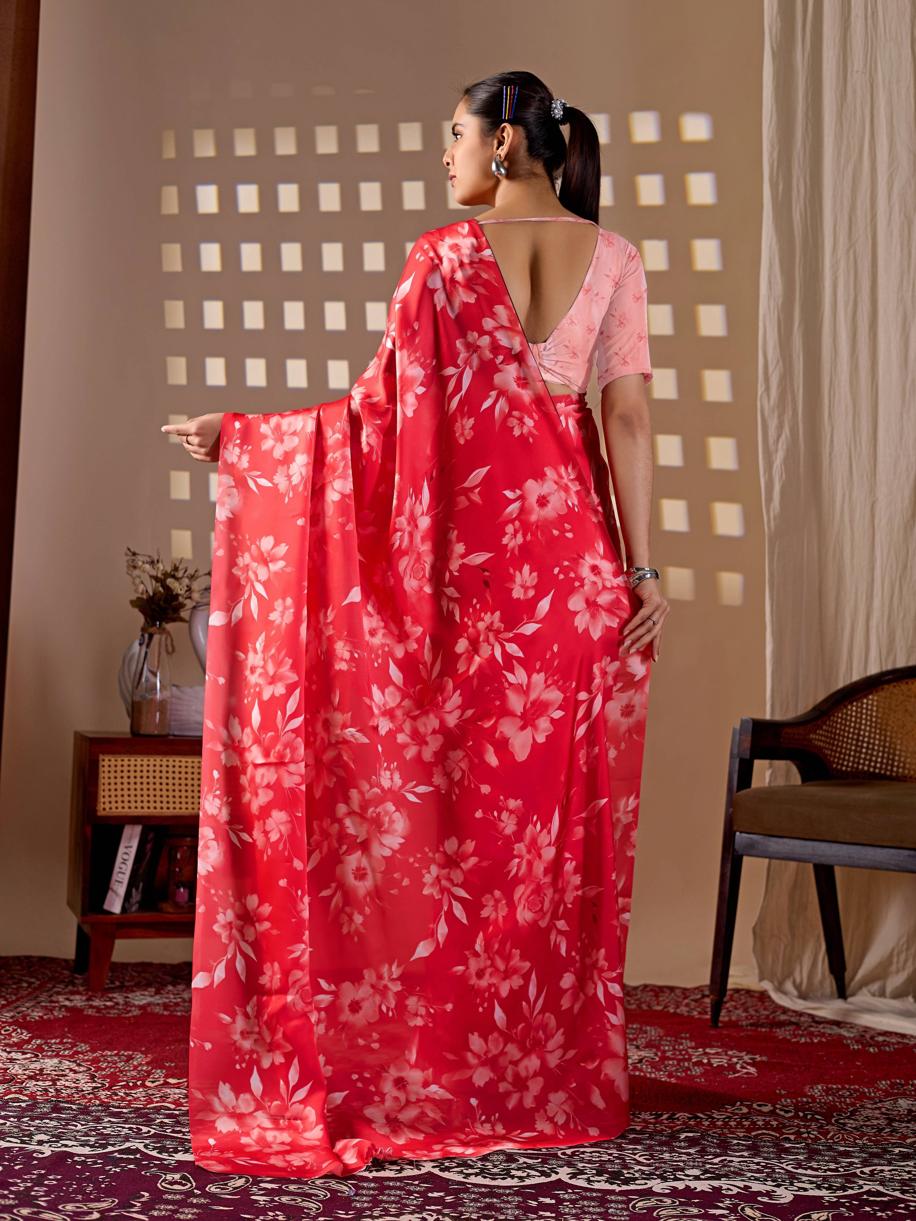 Aastha Fashion Red Soft Satin Georgette Printed Saree - Distacart