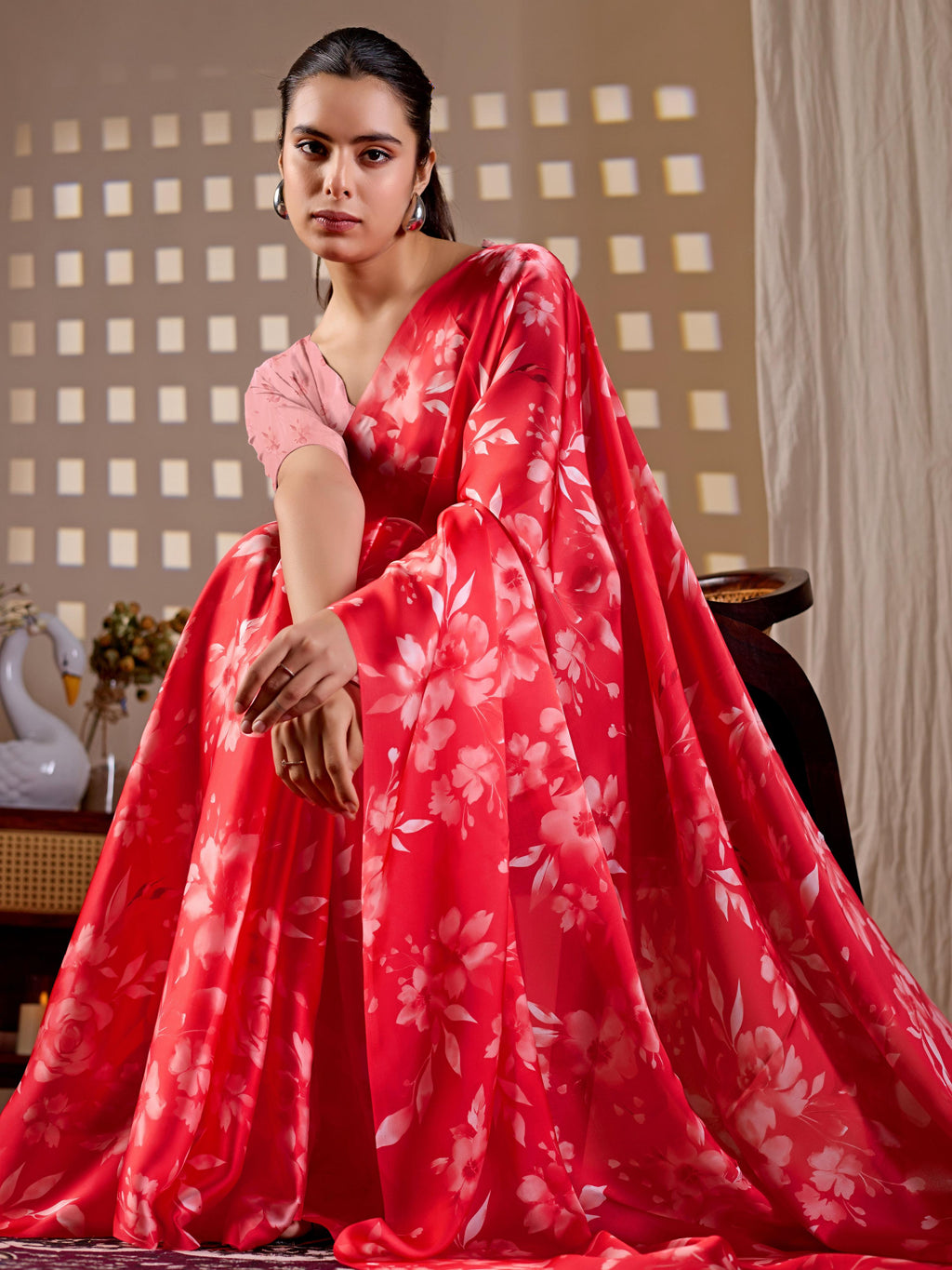 Aastha Fashion Red Soft Satin Georgette Printed Saree - Distacart