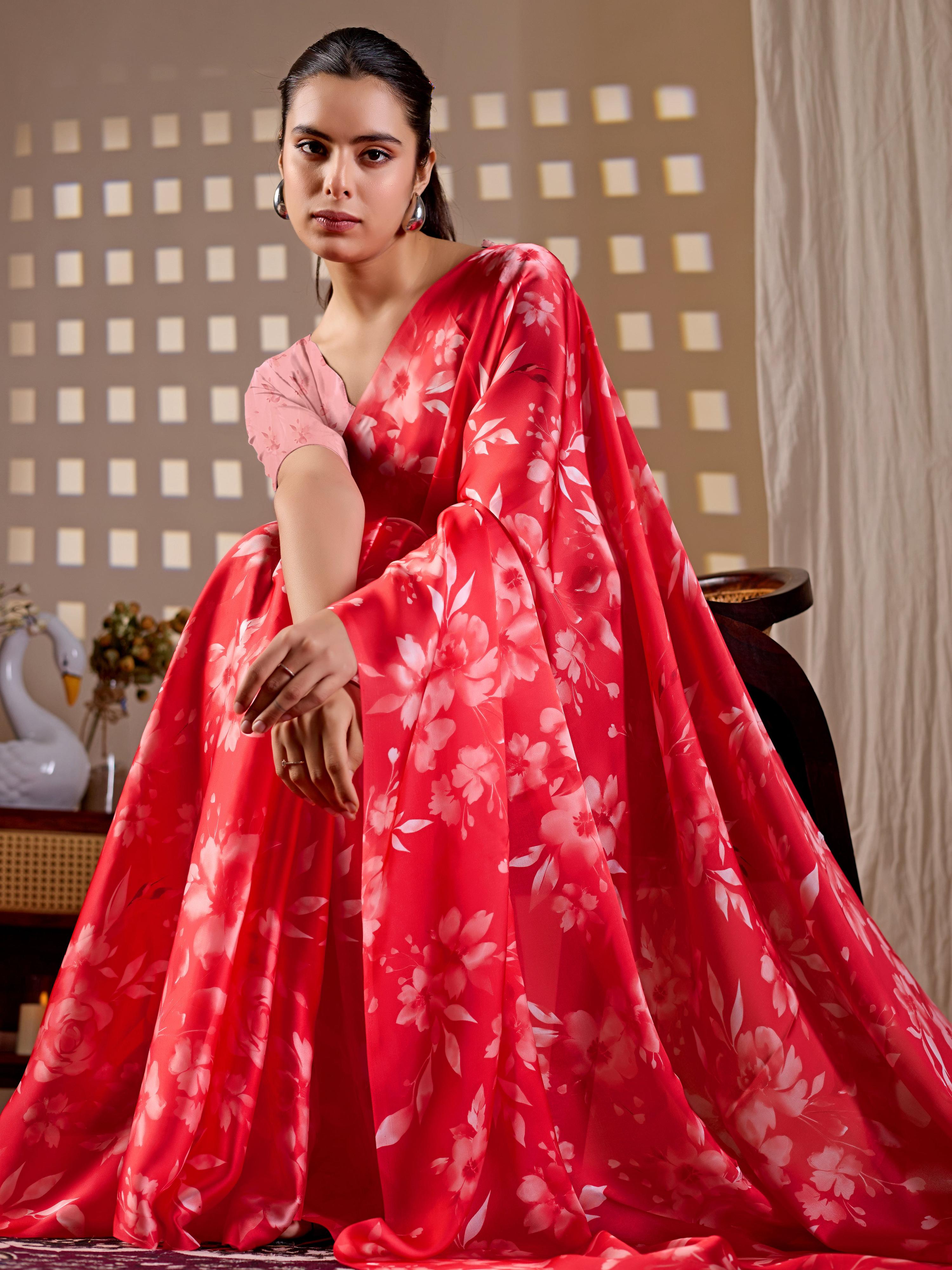 Aastha Fashion Red Soft Satin Georgette Printed Saree - Distacart