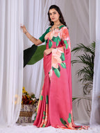 Aastha Fashion Pink Soft Satin Georgette Printed Saree - Distacart