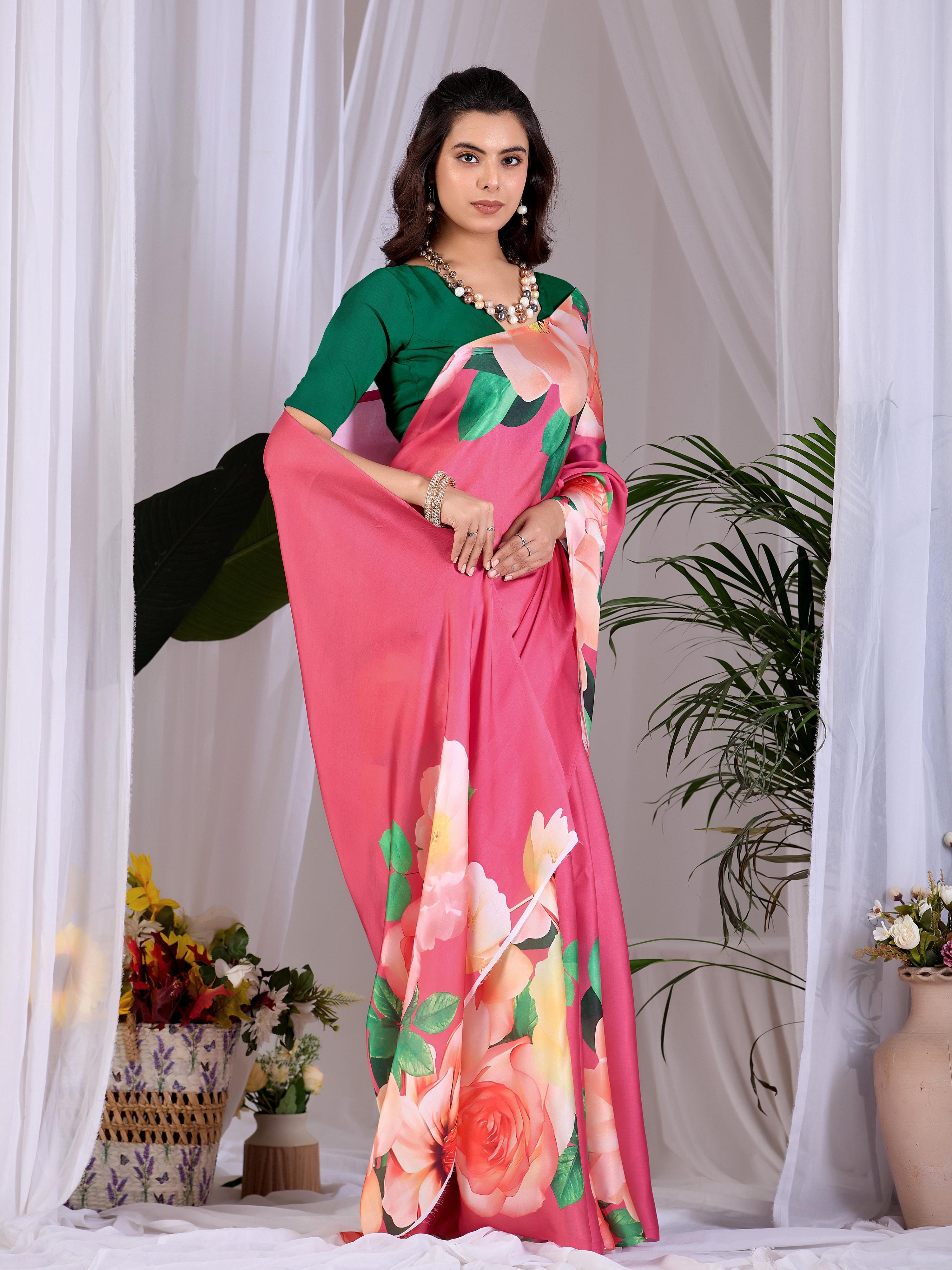 Aastha Fashion Pink Soft Satin Georgette Printed Saree - Distacart