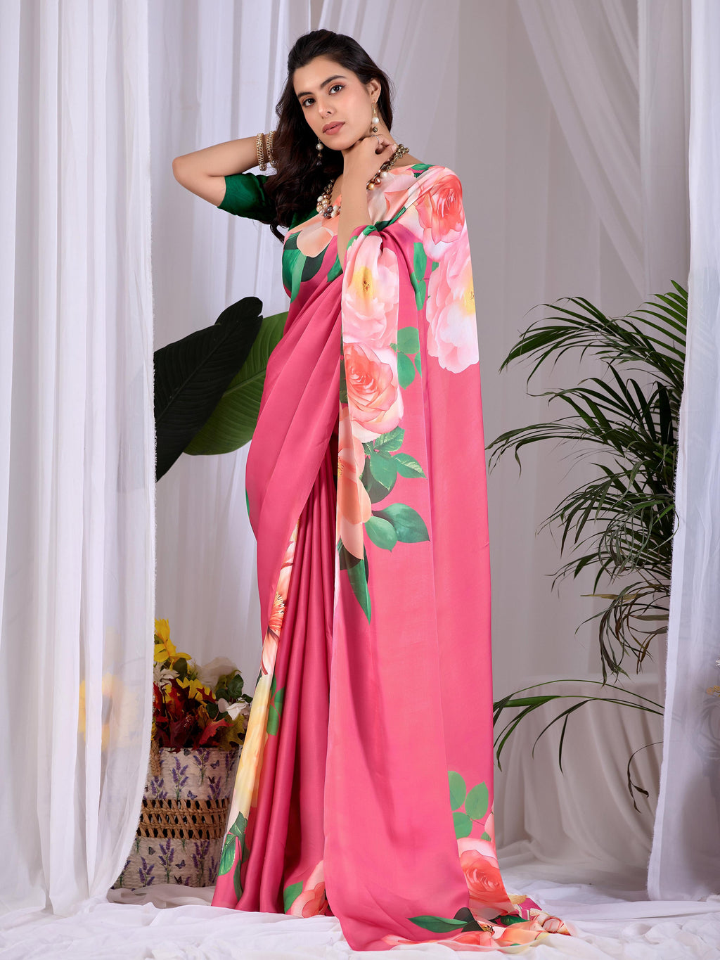 Aastha Fashion Pink Soft Satin Georgette Printed Saree - Distacart