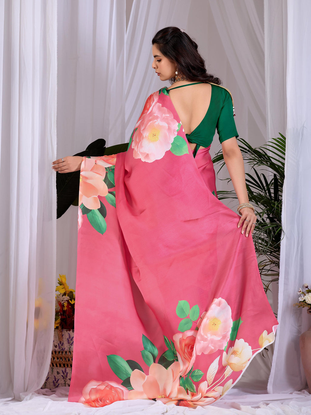 Aastha Fashion Pink Soft Satin Georgette Printed Saree - Distacart