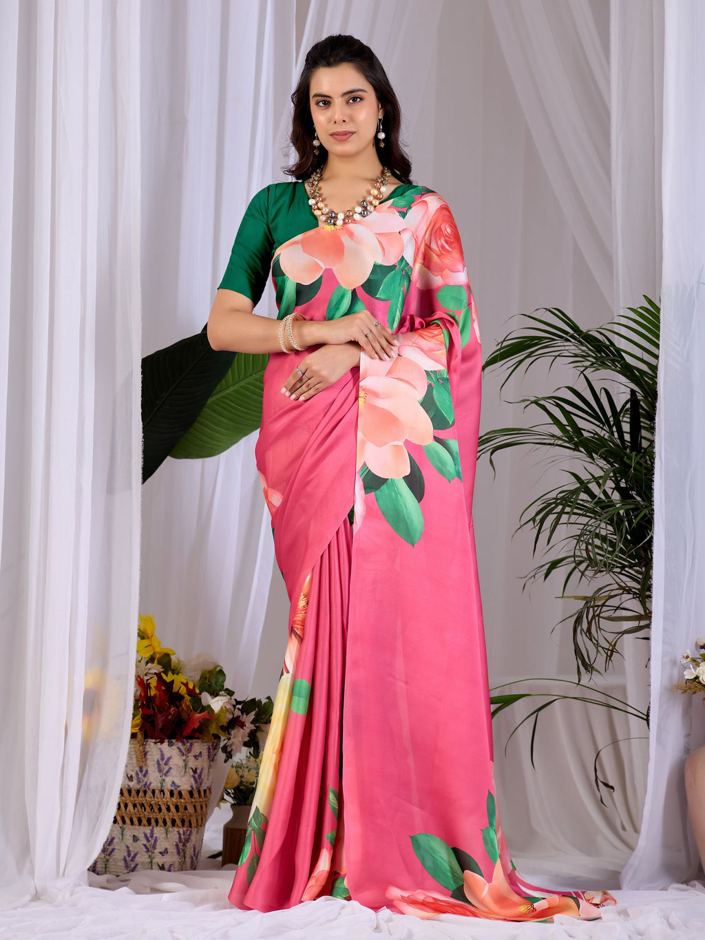 Aastha Fashion Pink Soft Satin Georgette Printed Saree - Distacart