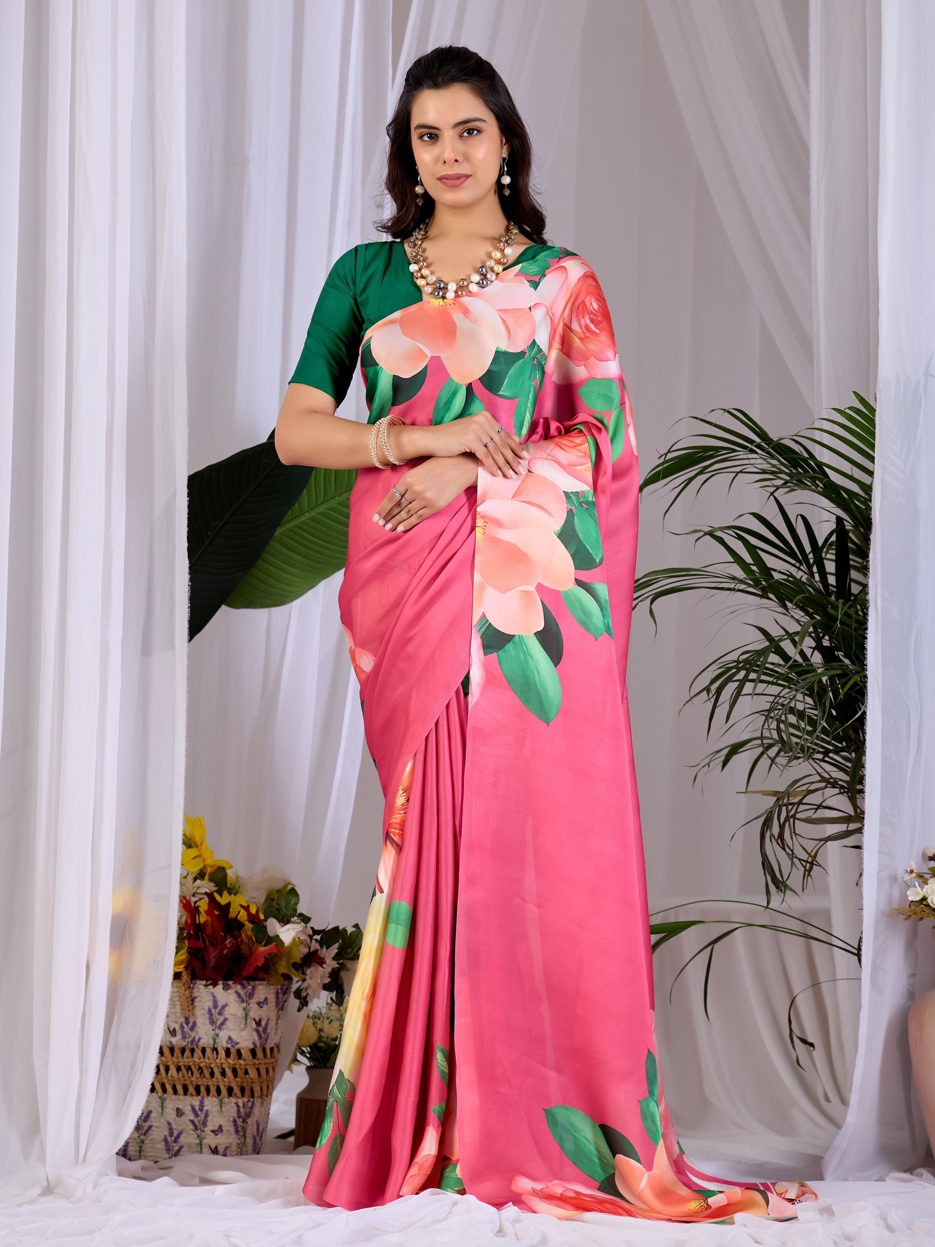 Aastha Fashion Pink Soft Satin Georgette Printed Saree - Distacart
