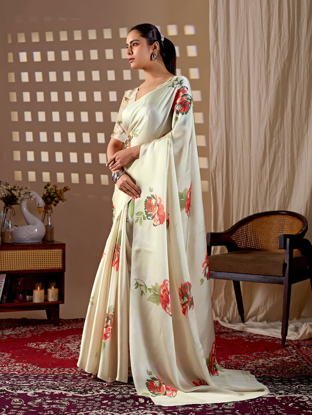 Aastha Fashion Cream Soft Satin Georgette Printed Saree - Distacart