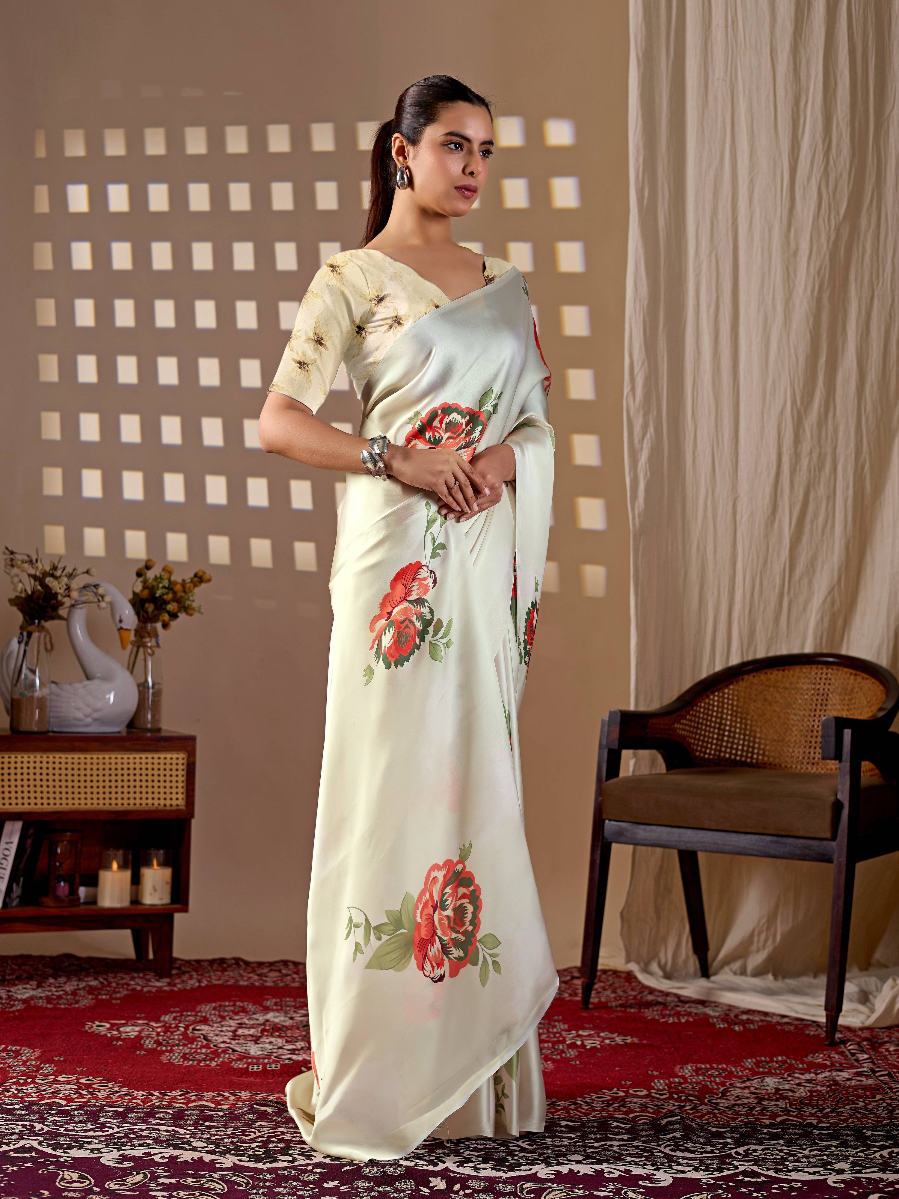 Aastha Fashion Cream Soft Satin Georgette Printed Saree - Distacart
