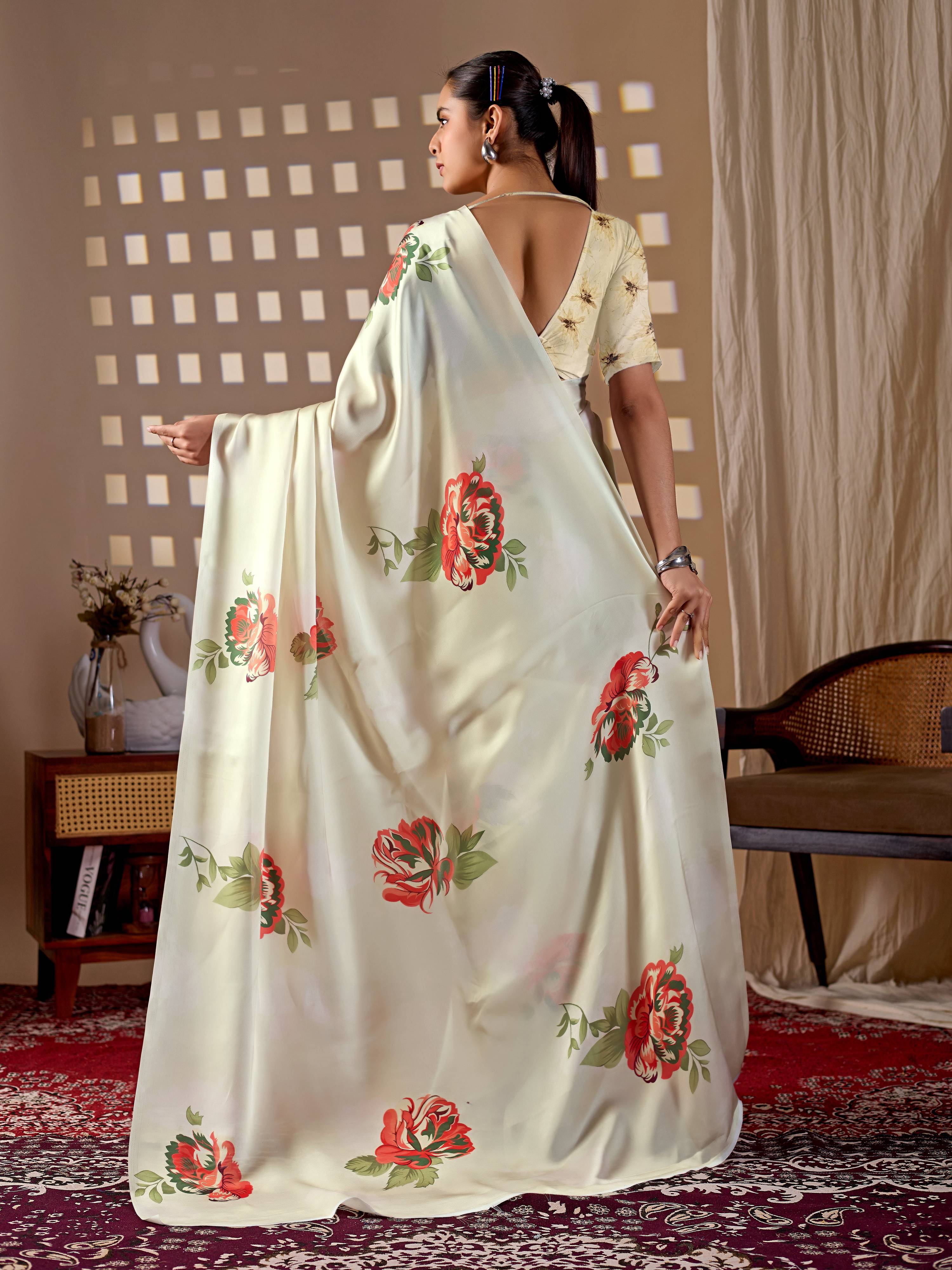 Aastha Fashion Cream Soft Satin Georgette Printed Saree - Distacart