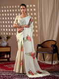 Aastha Fashion Cream Soft Satin Georgette Printed Saree - Distacart