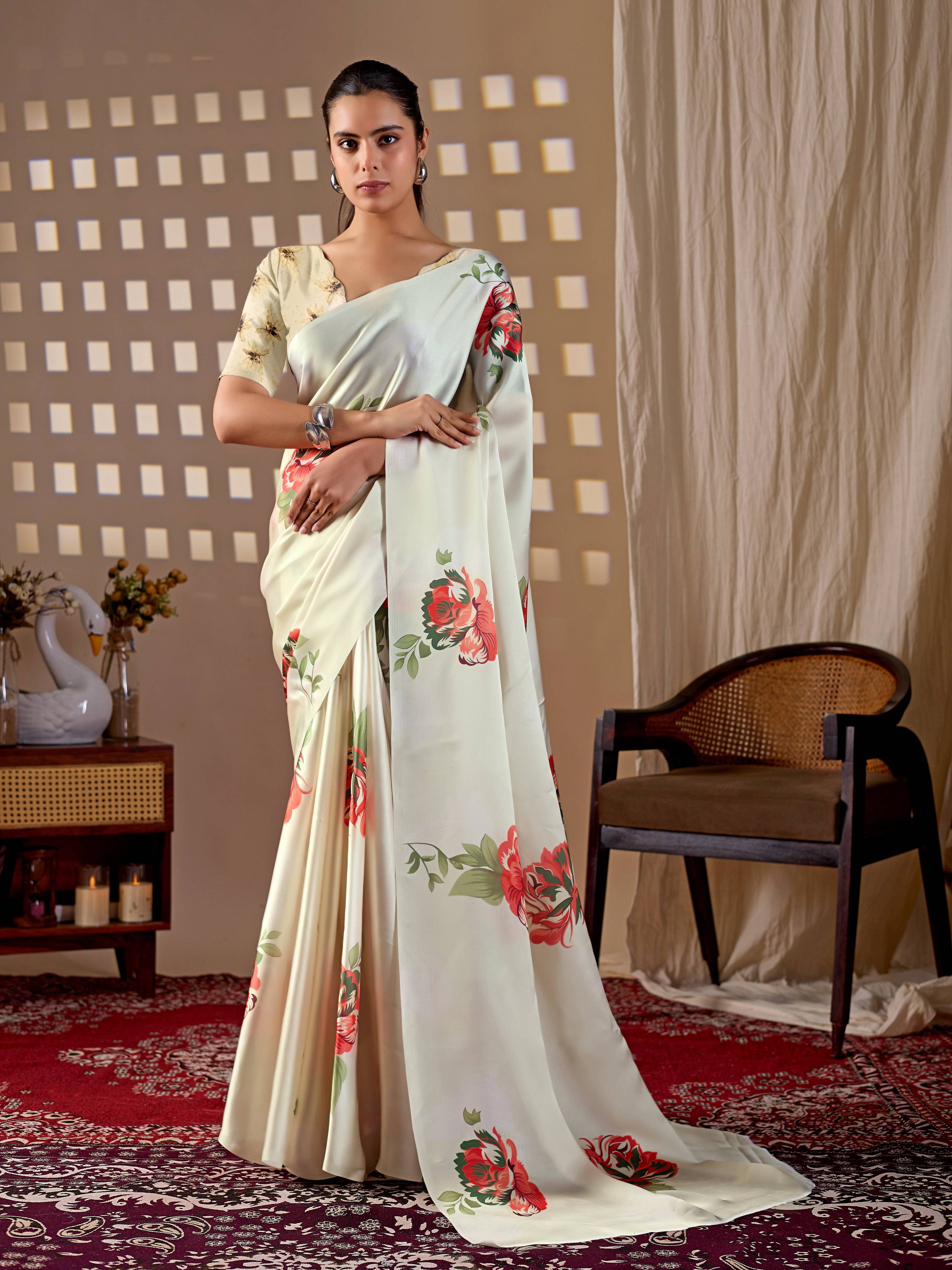 Aastha Fashion Cream Soft Satin Georgette Printed Saree - Distacart