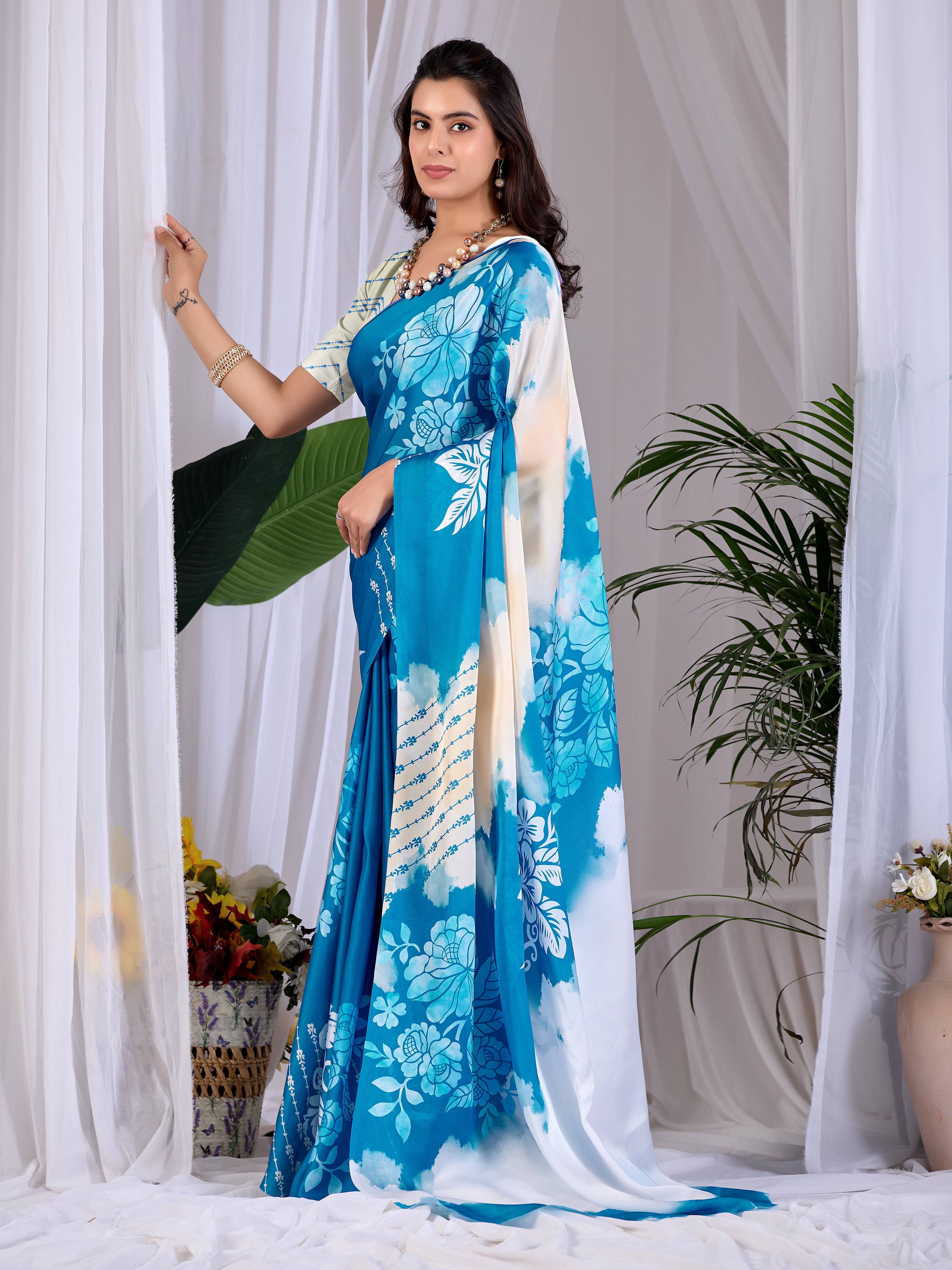 Aastha Fashion Teal Blue Soft Satin Georgette Printed Saree - Distacart