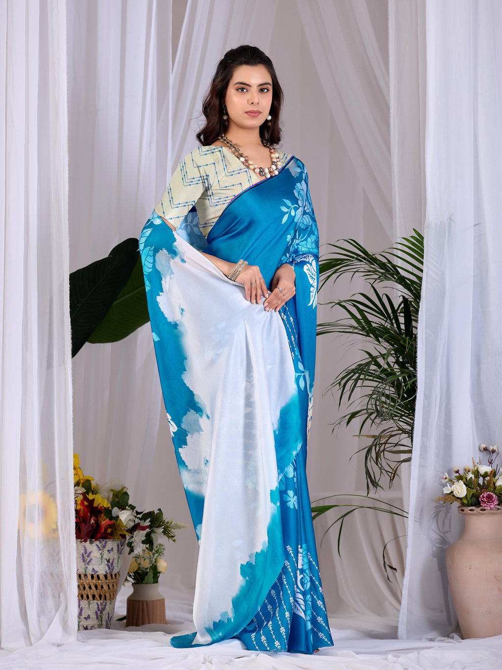 Aastha Fashion Teal Blue Soft Satin Georgette Printed Saree - Distacart